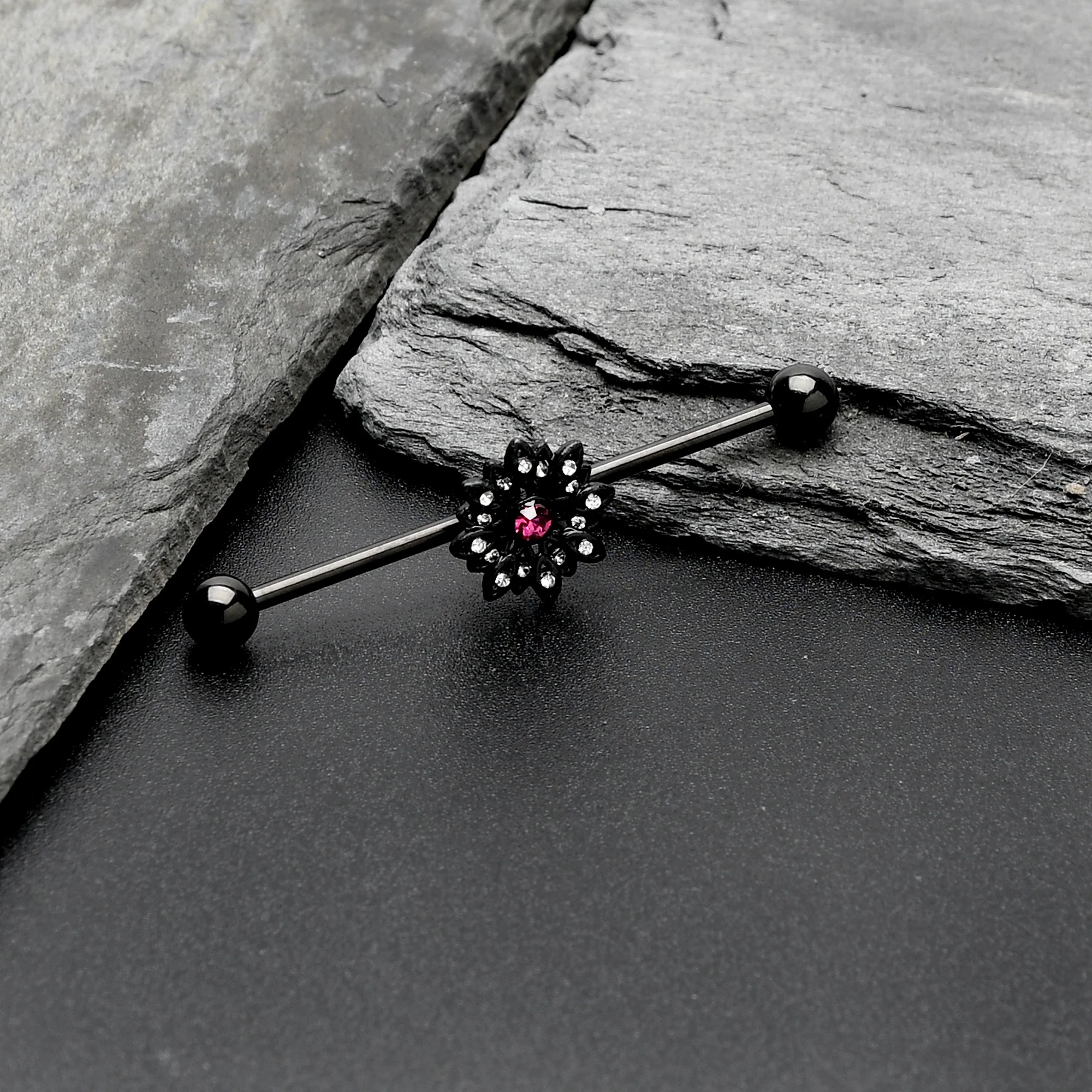 14G Clear Pink Gem Black Midnight Flower Industrial Barbell 38mm - Image 4