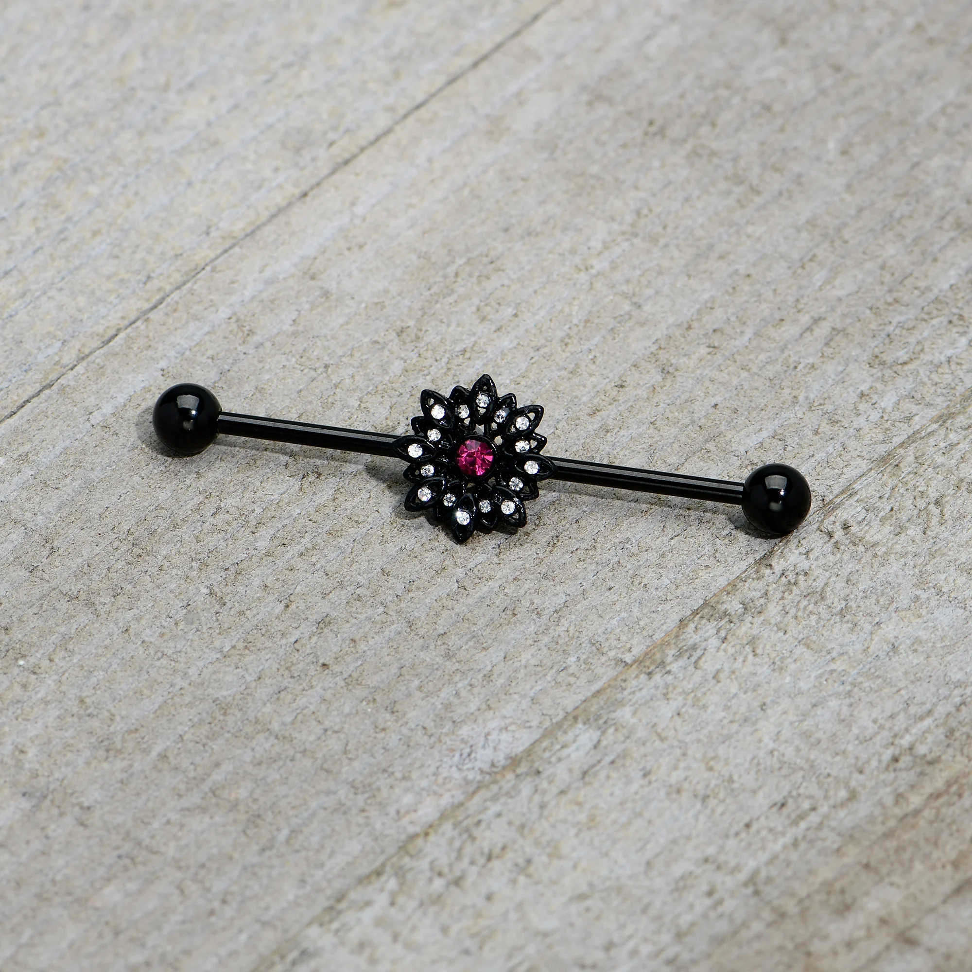 14G Clear Pink Gem Black Midnight Flower Industrial Barbell 38mm - Image 5