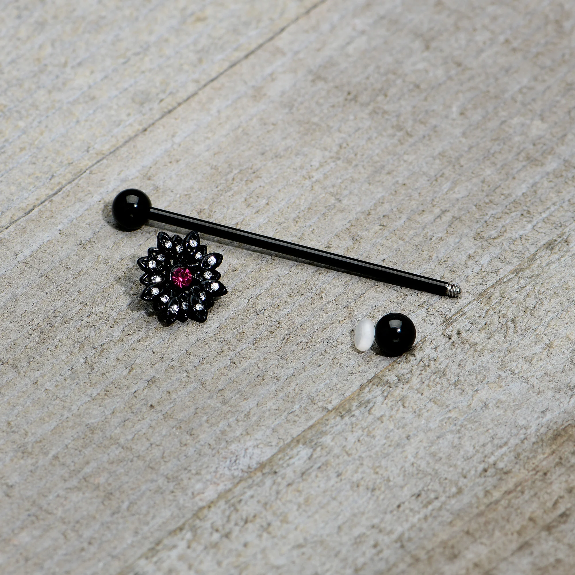 14G Clear Pink Gem Black Midnight Flower Industrial Barbell 38mm - Image 6