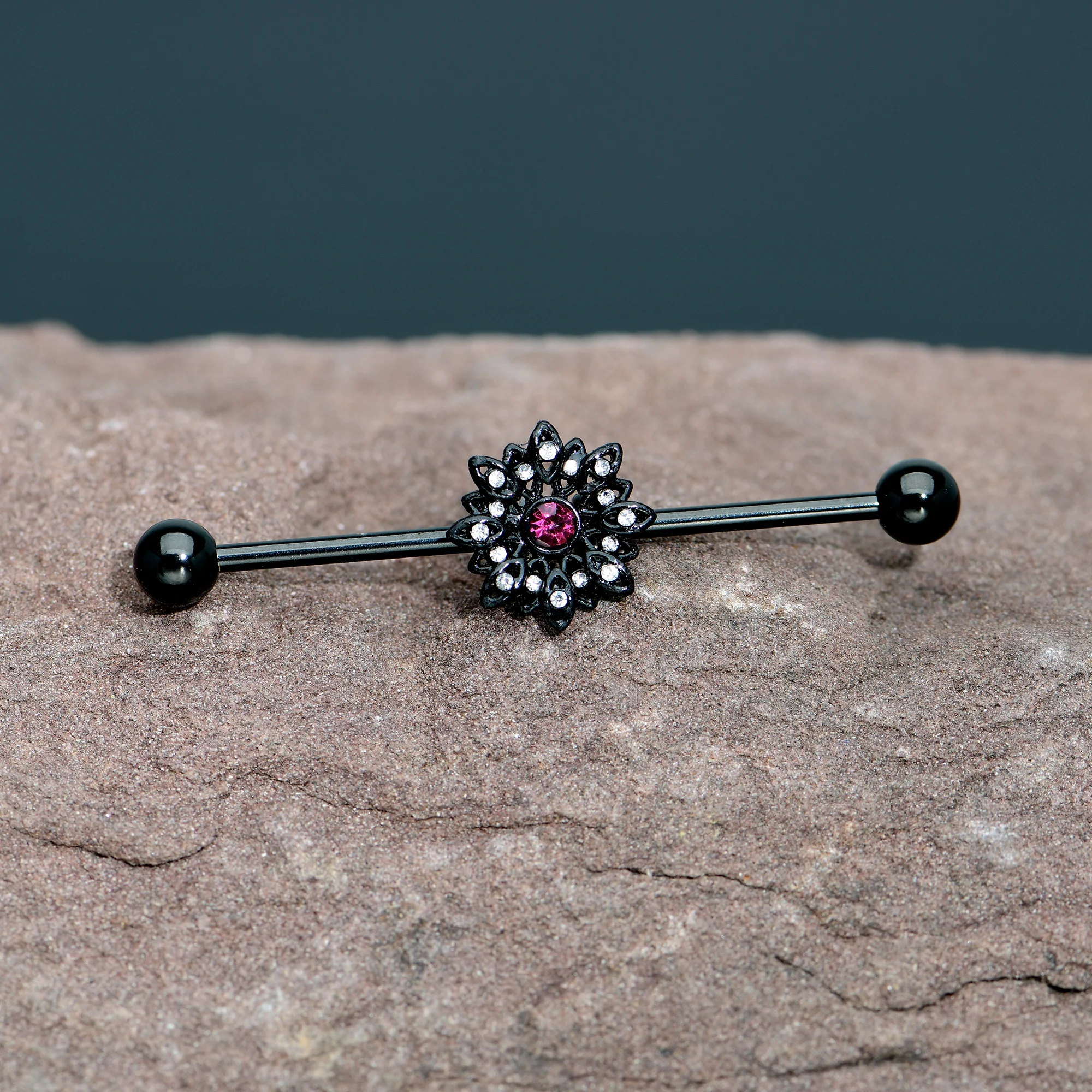 14G Clear Pink Gem Black Midnight Flower Industrial Barbell 38mm - Image 7