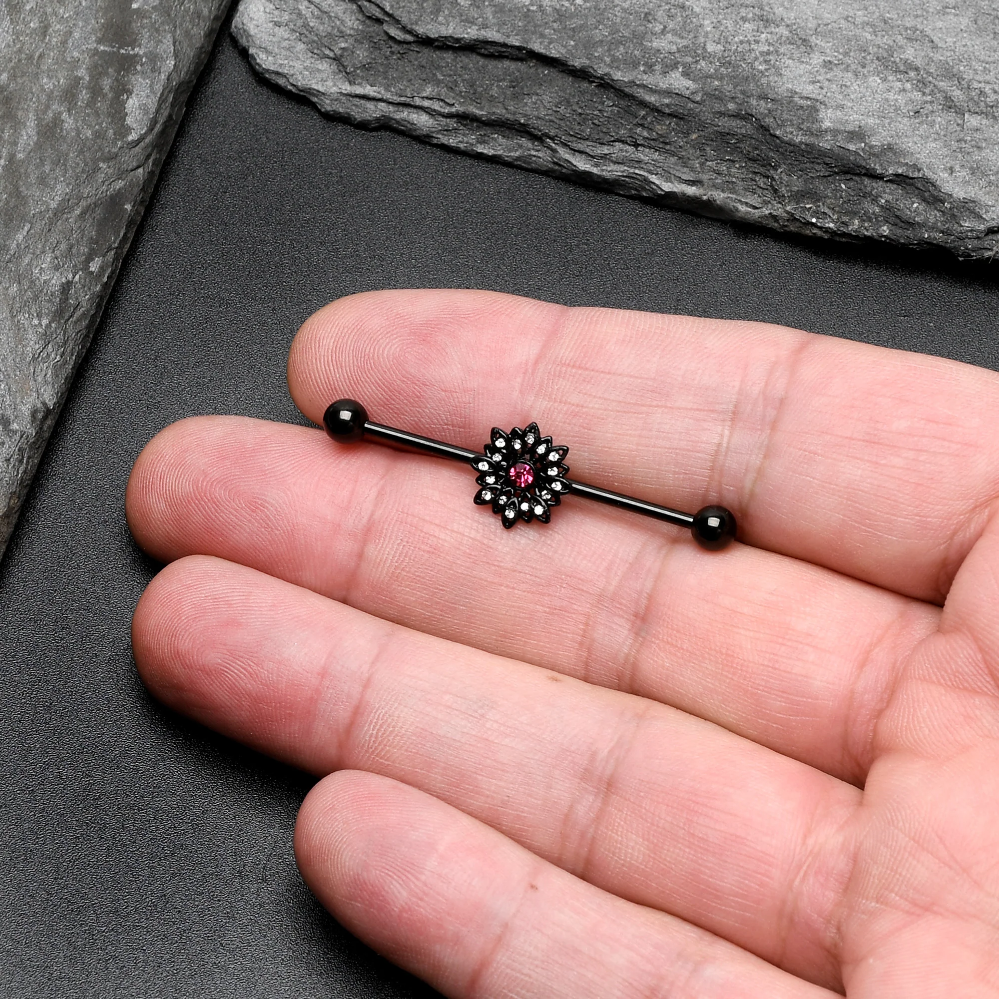 14G Clear Pink Gem Black Midnight Flower Industrial Barbell 38mm - Image 8