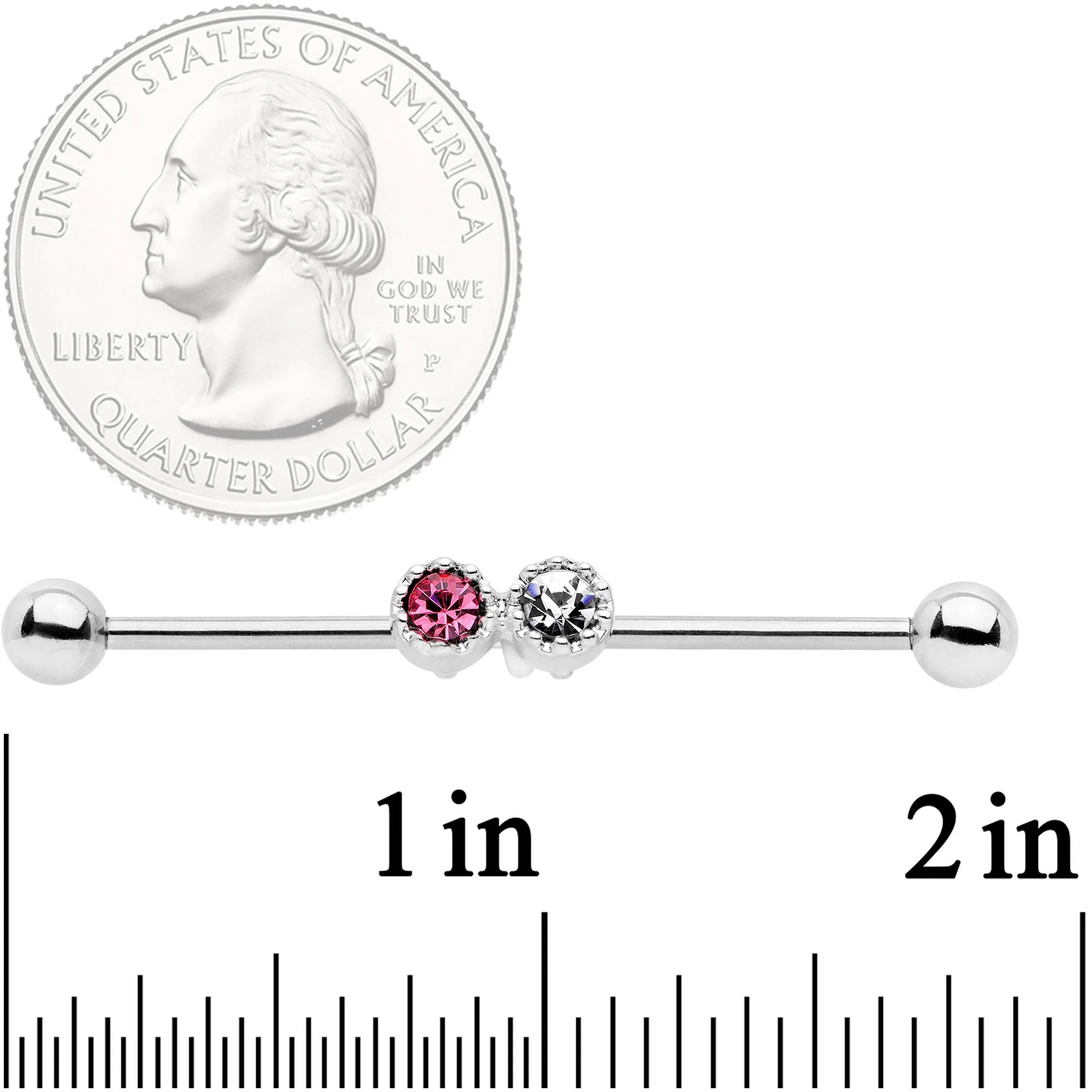 14G Clear Pink Gem Double Drama Industrial Barbell 38mm - Image 2