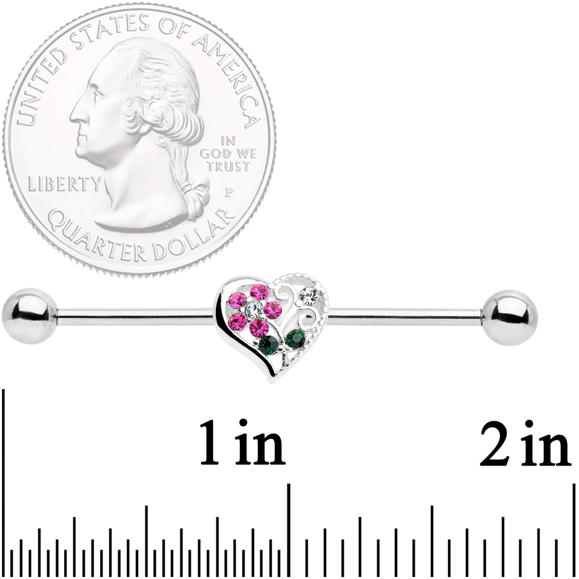 14G Clear Pink Gem Flower Heart Barbell Industrial - Image 2