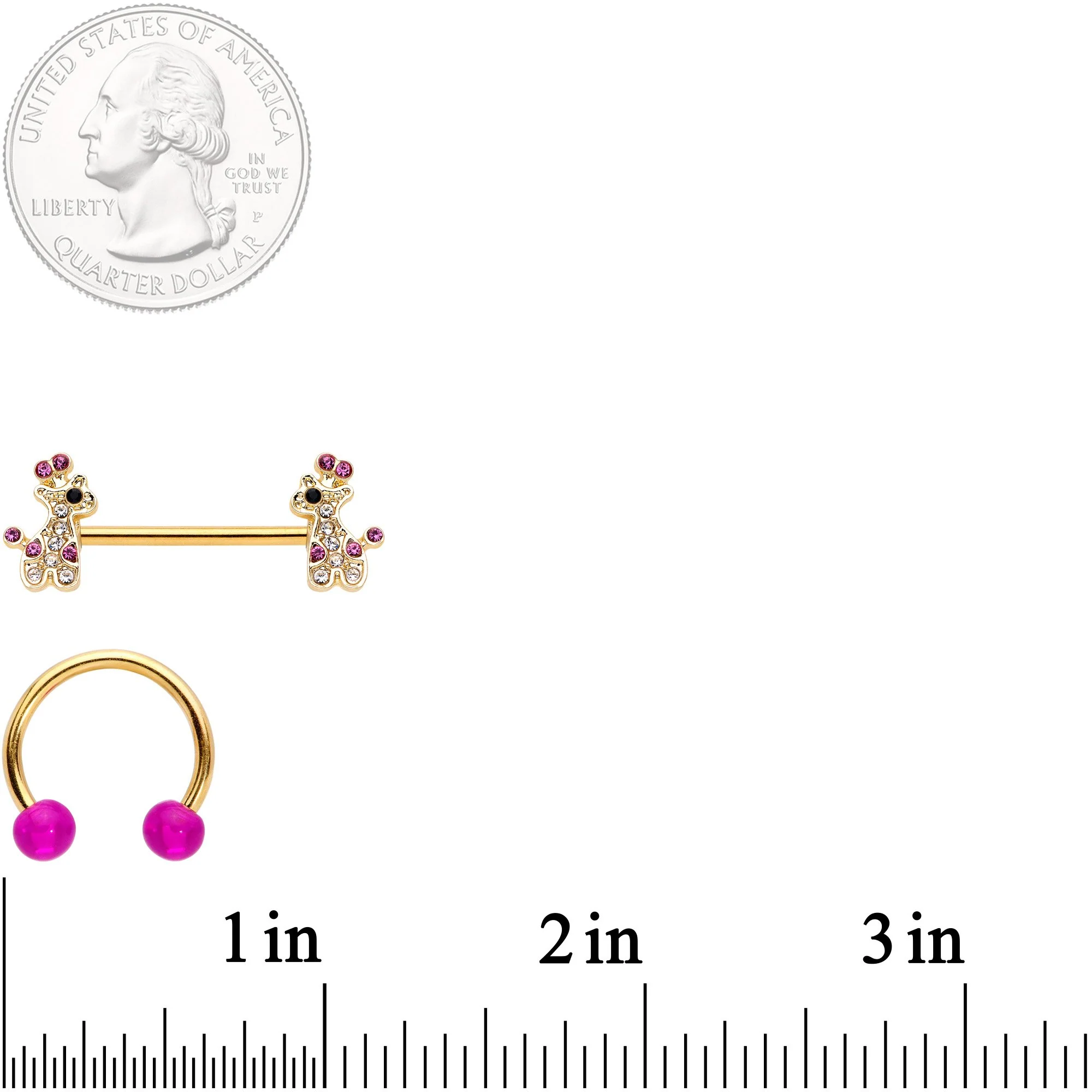 14G Clear Pink Gem Giraffe Gold Tone UV Horseshoe Nipple Ring Set - Image 4