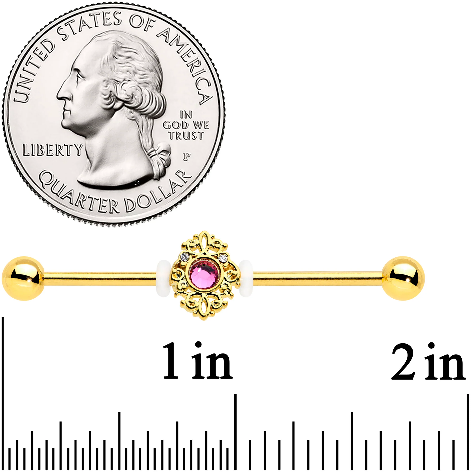14G Clear Pink Gem Gold Tone Lace Love Industrial Barbell 38mm - Image 2