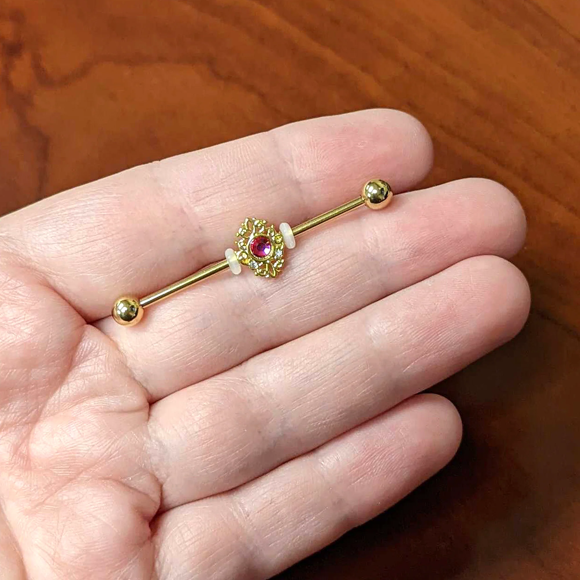 14G Clear Pink Gem Gold Tone Lace Love Industrial Barbell 38mm - Image 3