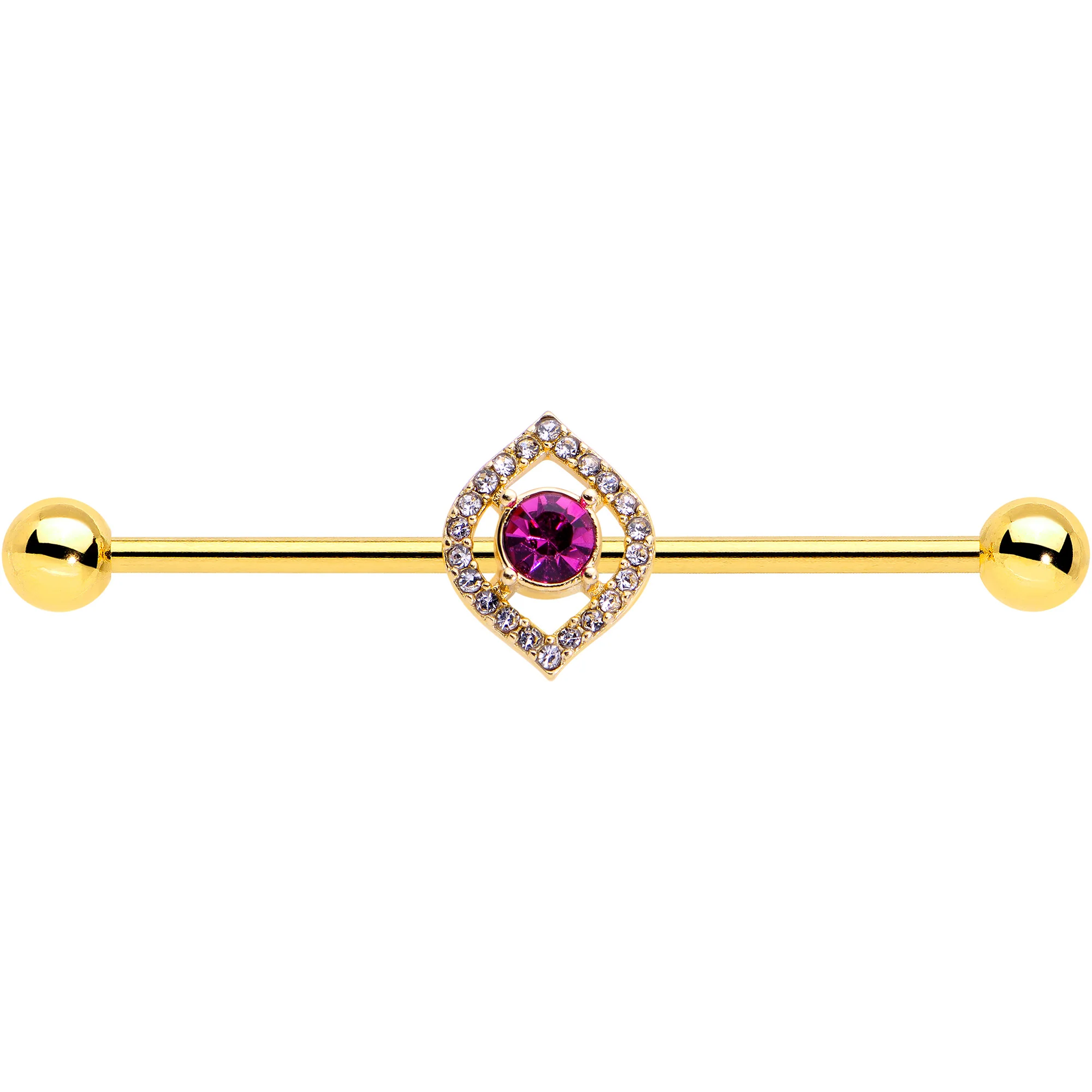 14G Clear Pink Gem Gold Tone Open Eye Industrial Barbell 38mm - Image 2