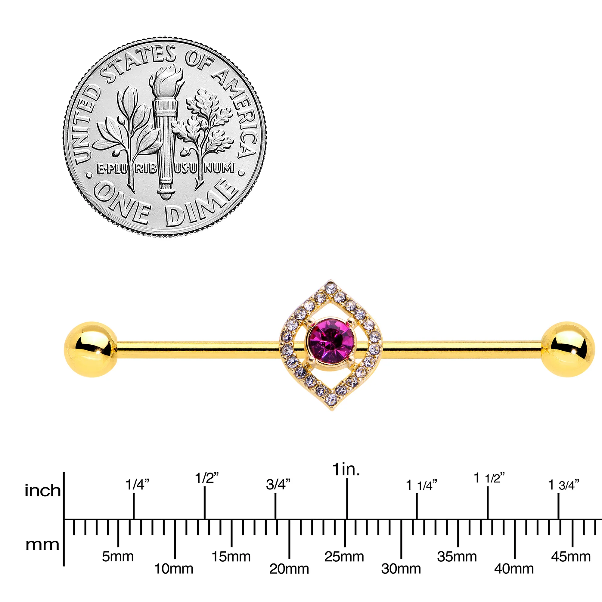 14G Clear Pink Gem Gold Tone Open Eye Industrial Barbell 38mm - Image 3