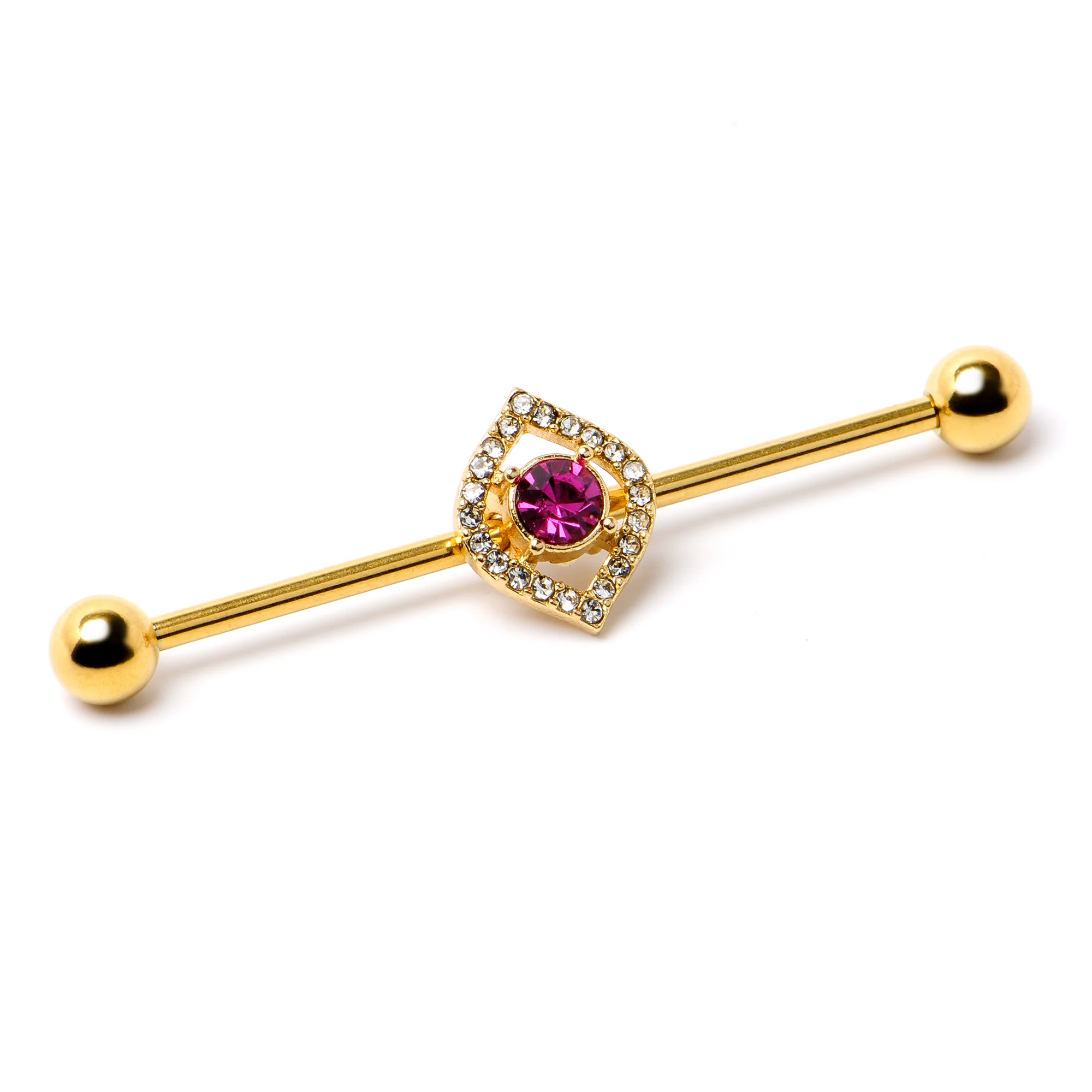 14G Clear Pink Gem Gold Tone Open Eye Industrial Barbell 38mm - Image 4