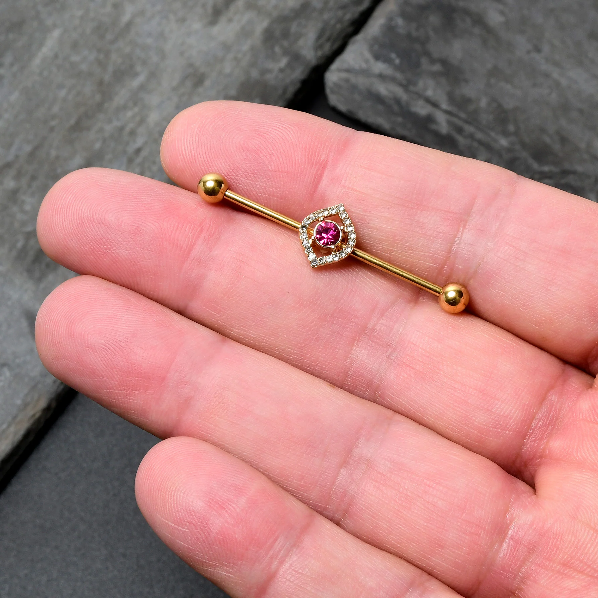 14G Clear Pink Gem Gold Tone Open Eye Industrial Barbell 38mm - Image 7