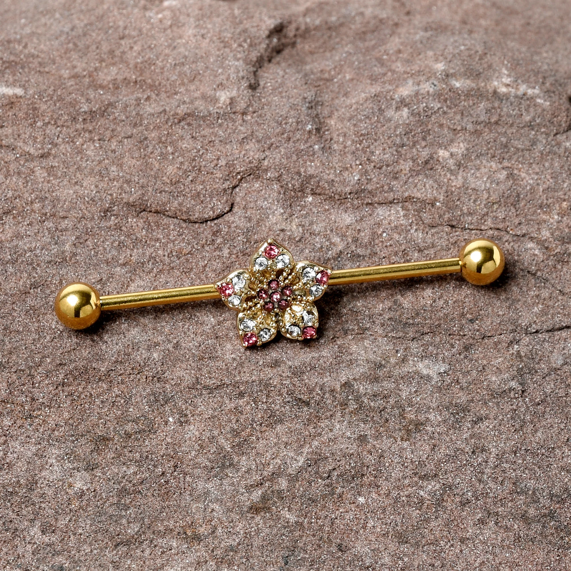 14G Clear Pink Gem Gold Tone Texture Star Industrial Barbell 38mm - Image 2