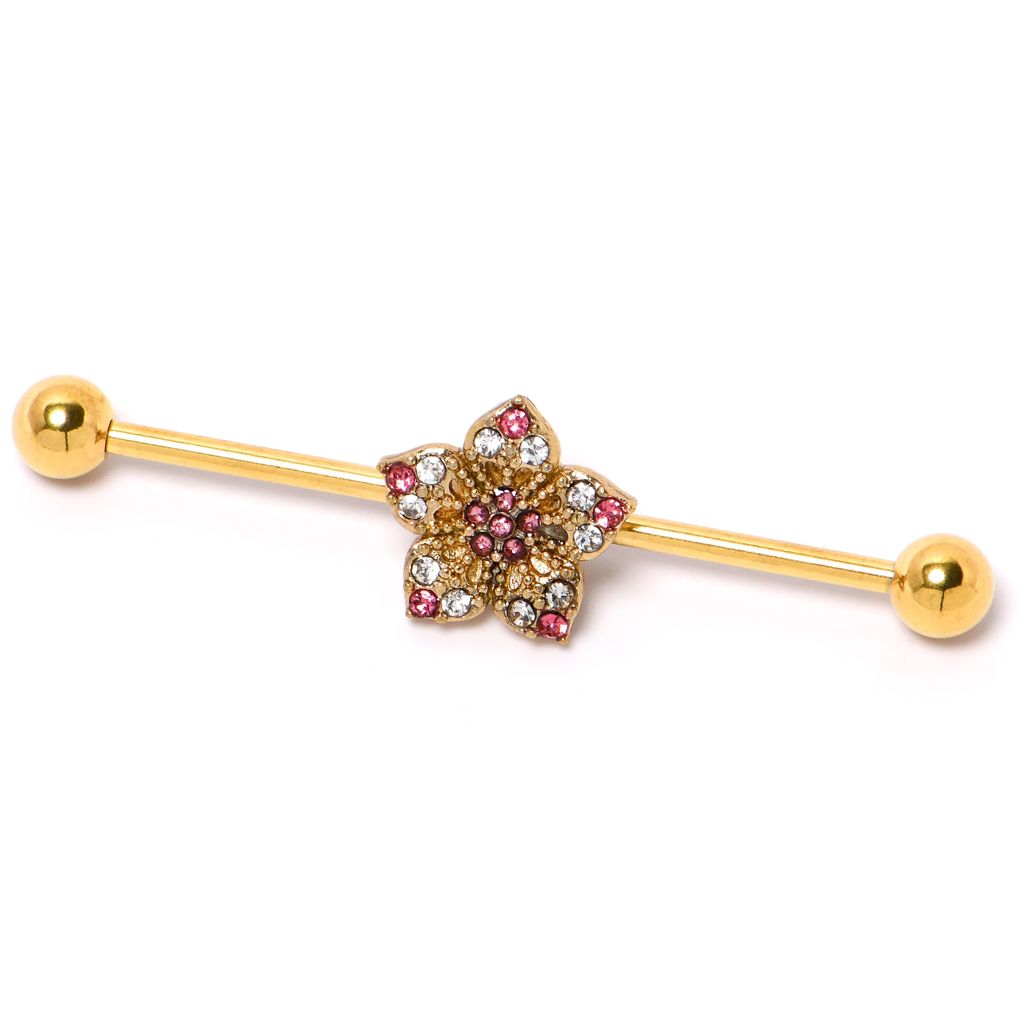14G Clear Pink Gem Gold Tone Texture Star Industrial Barbell 38mm - Image 3