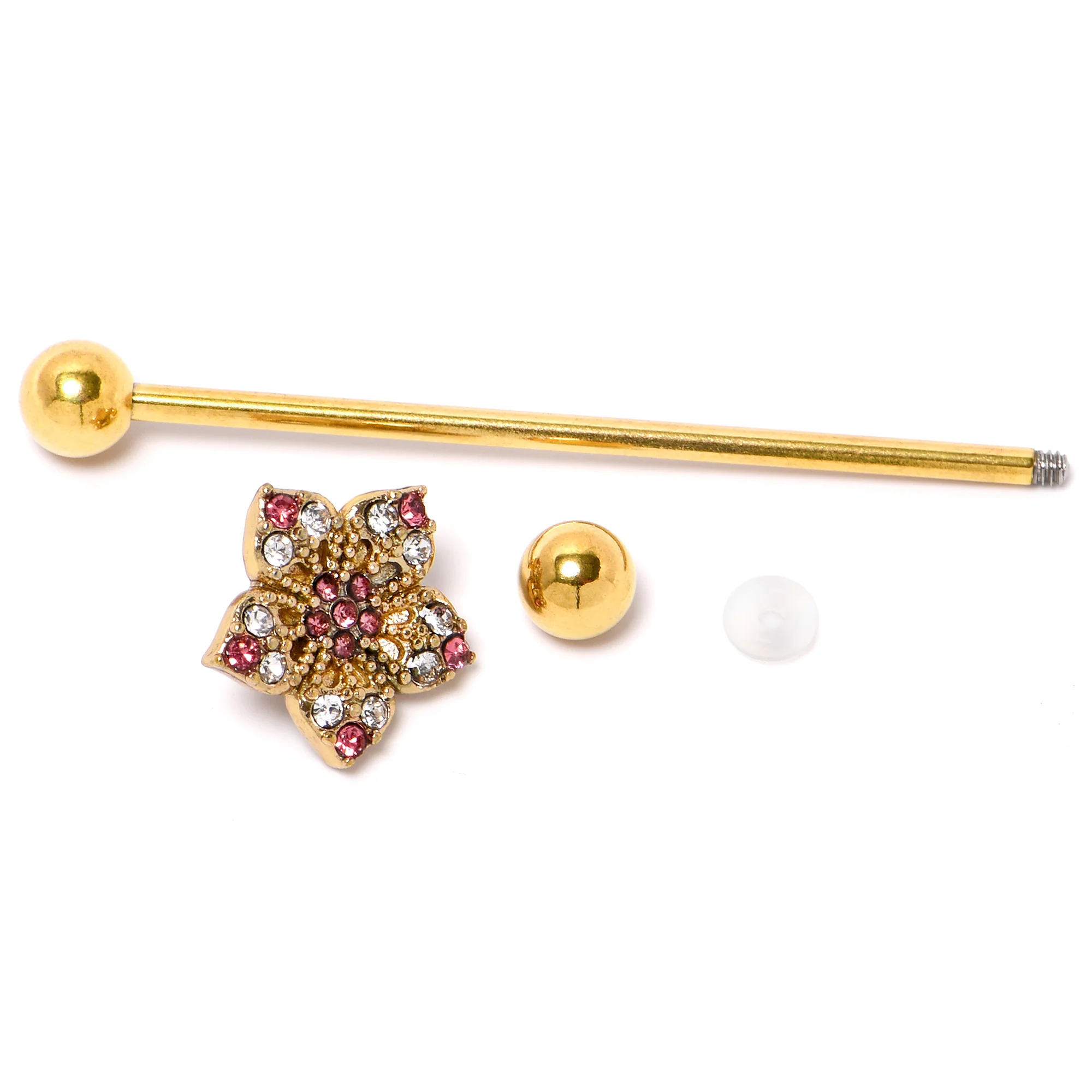 14G Clear Pink Gem Gold Tone Texture Star Industrial Barbell 38mm - Image 4