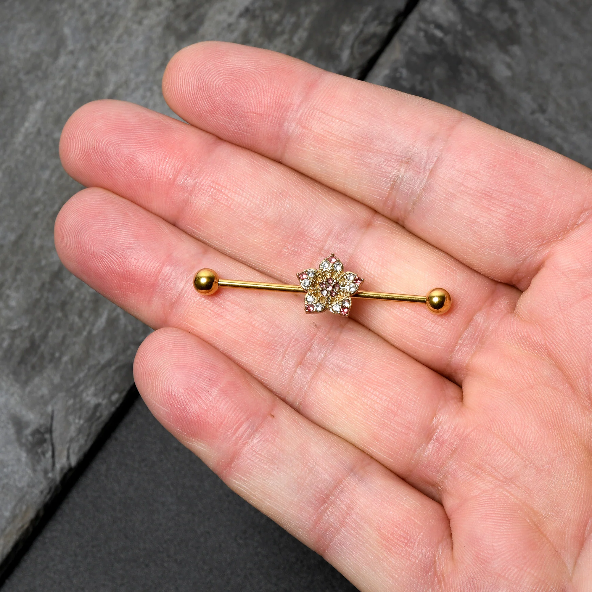 14G Clear Pink Gem Gold Tone Texture Star Industrial Barbell 38mm - Image 5