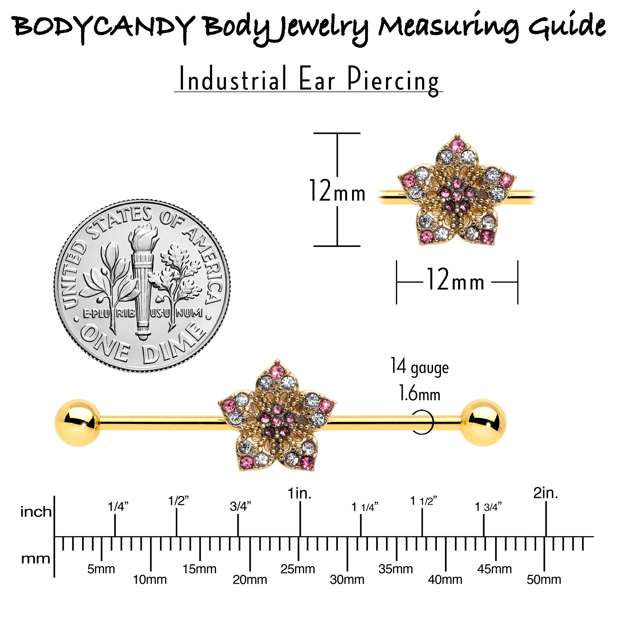 14G Clear Pink Gem Gold Tone Texture Star Industrial Barbell 38mm - Image 7