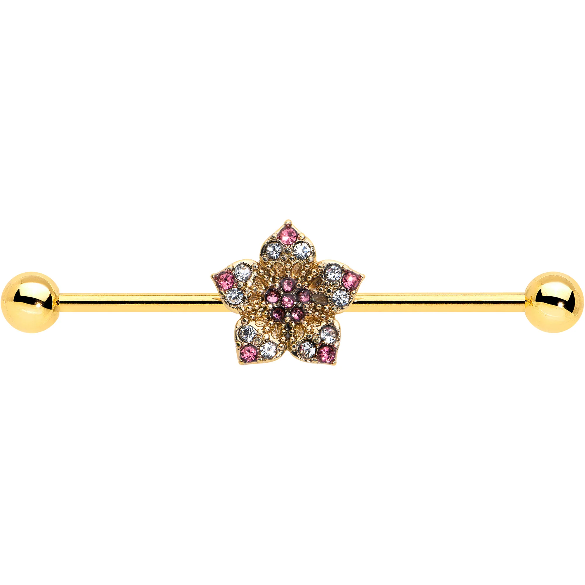 14G Clear Pink Gem Gold Tone Texture Star Industrial Barbell 38mm - Image 8