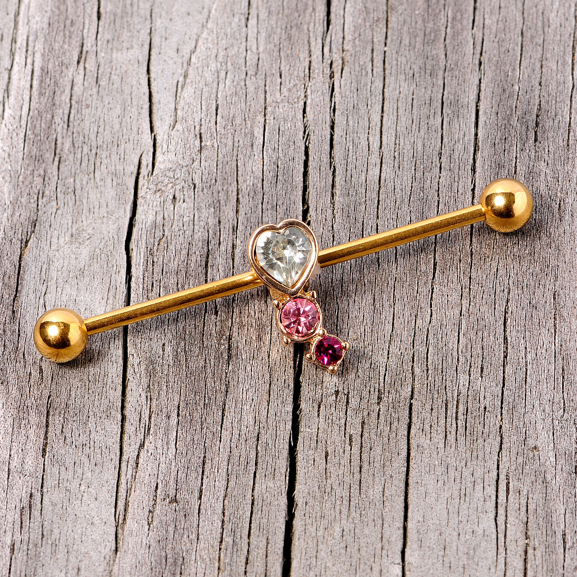 14G Clear Pink Red Gem Gold Tone Heart Industrial Barbell 38mm - Image 4