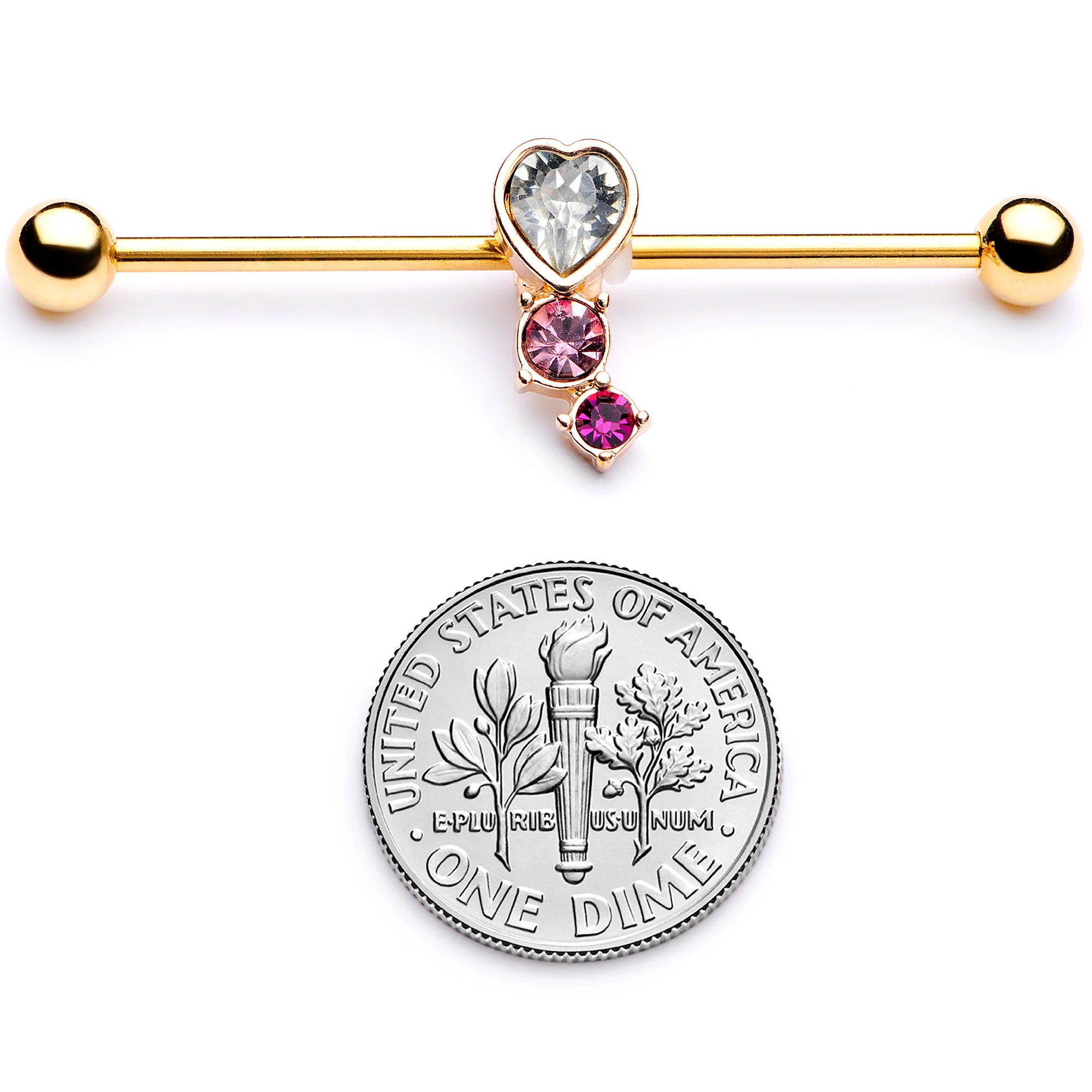 14G Clear Pink Red Gem Gold Tone Heart Industrial Barbell 38mm - Image 5