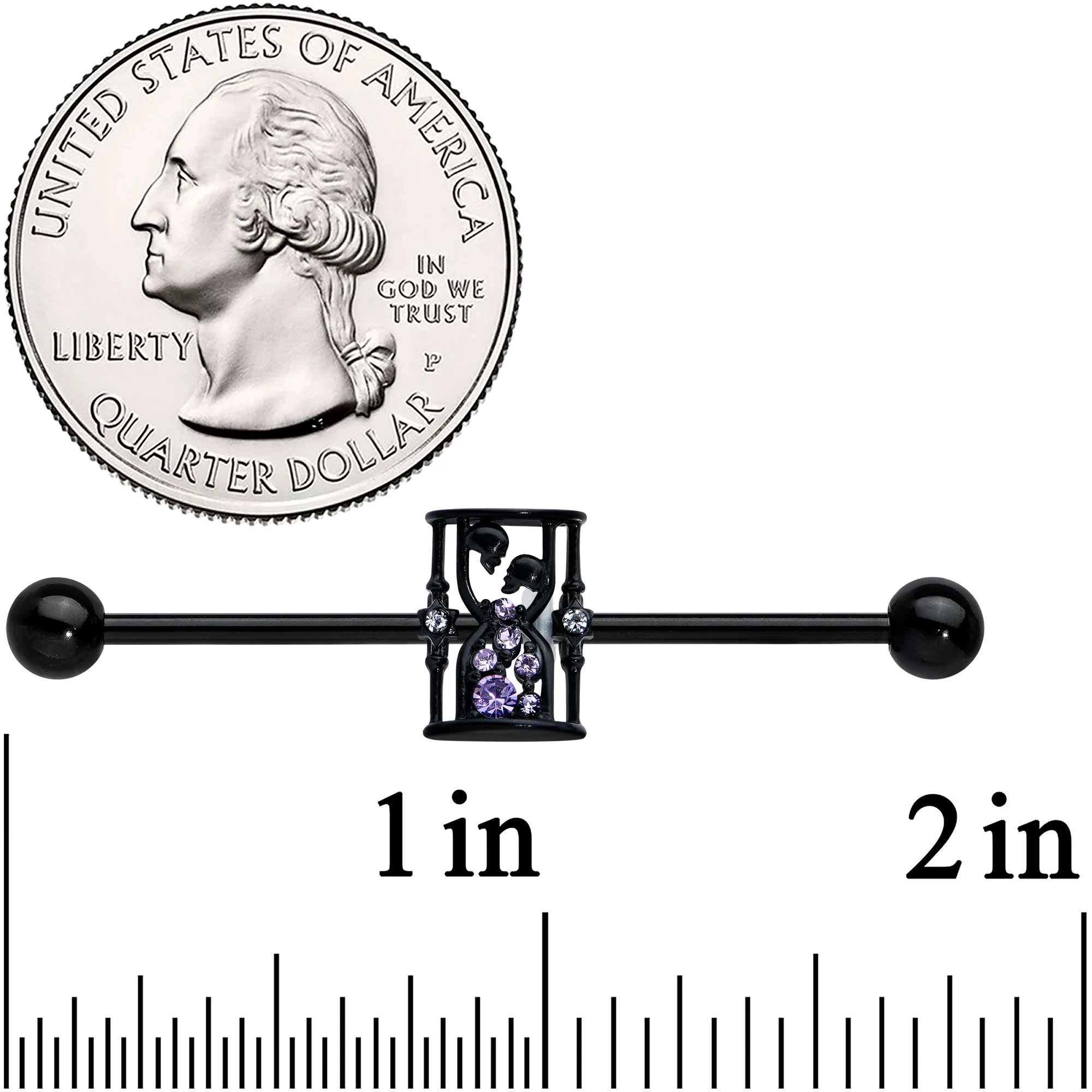 14G Clear Purple Gem Black Goth Hourglass Industrial Barbell 38mm - Image 2