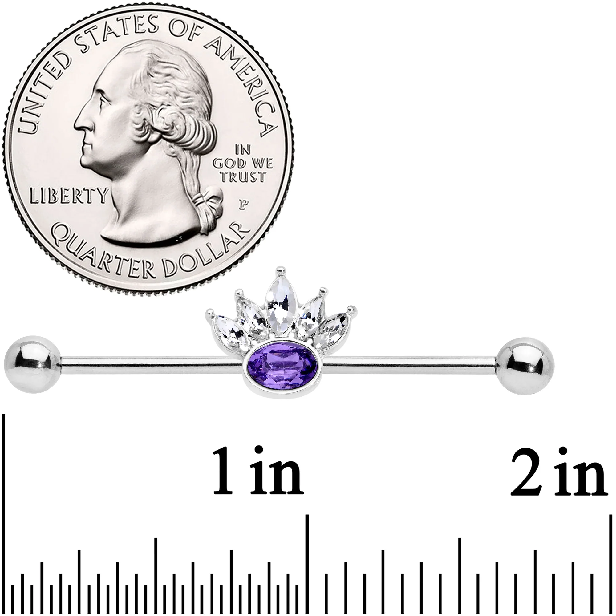 14G Clear Purple Gem Crown Industrial Barbell 38mm - Image 2