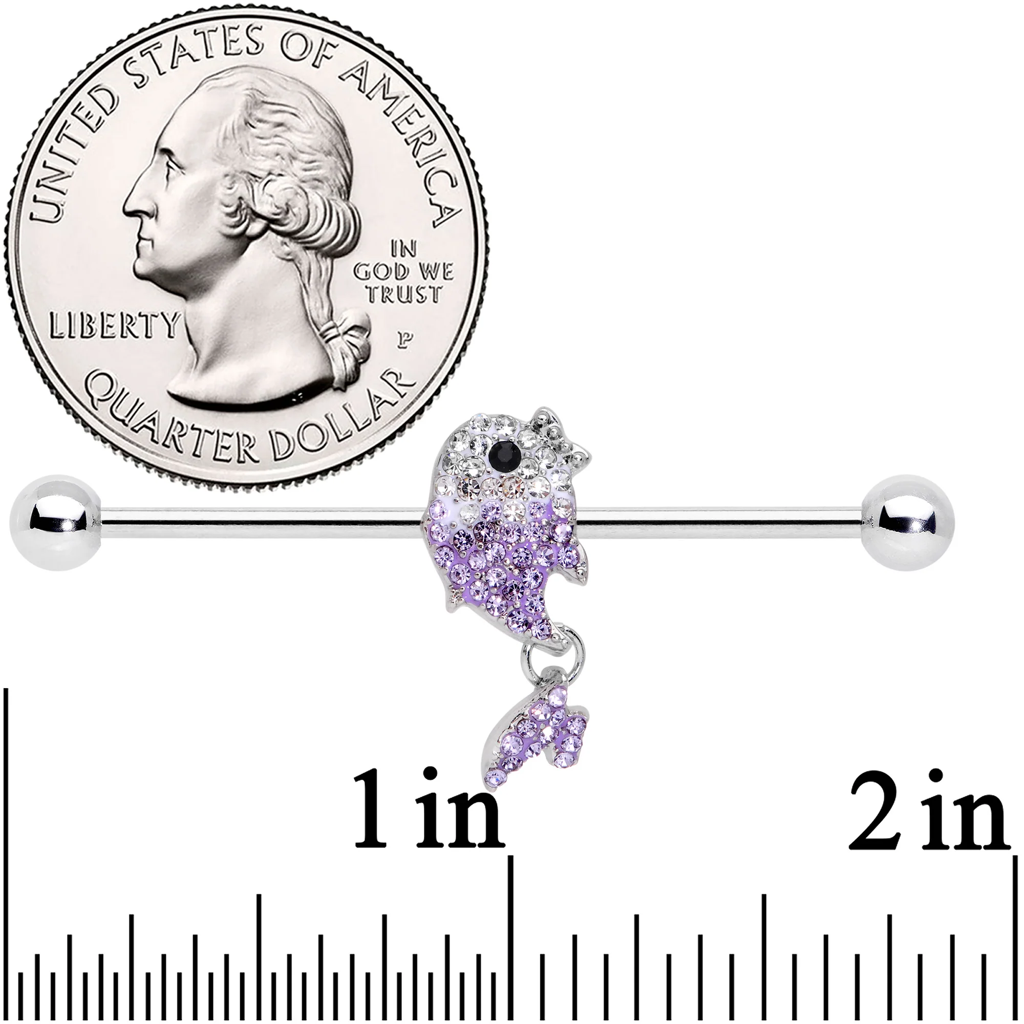 14G Clear Purple Gem Fish Dangle Industrial Barbell 38mm - Image 2