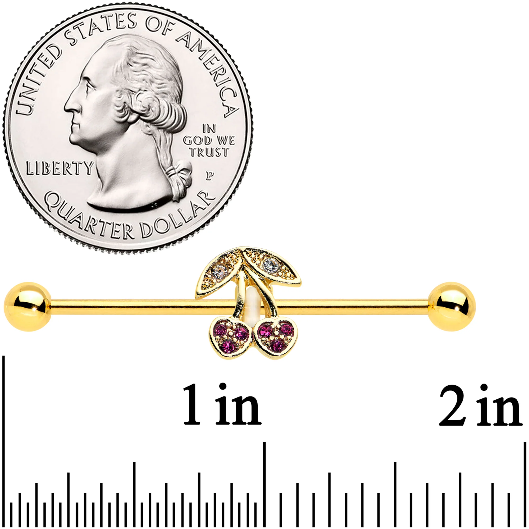 14G Clear Purple Gem Gold Tone Cherry Industrial Barbell 38mm - Image 2