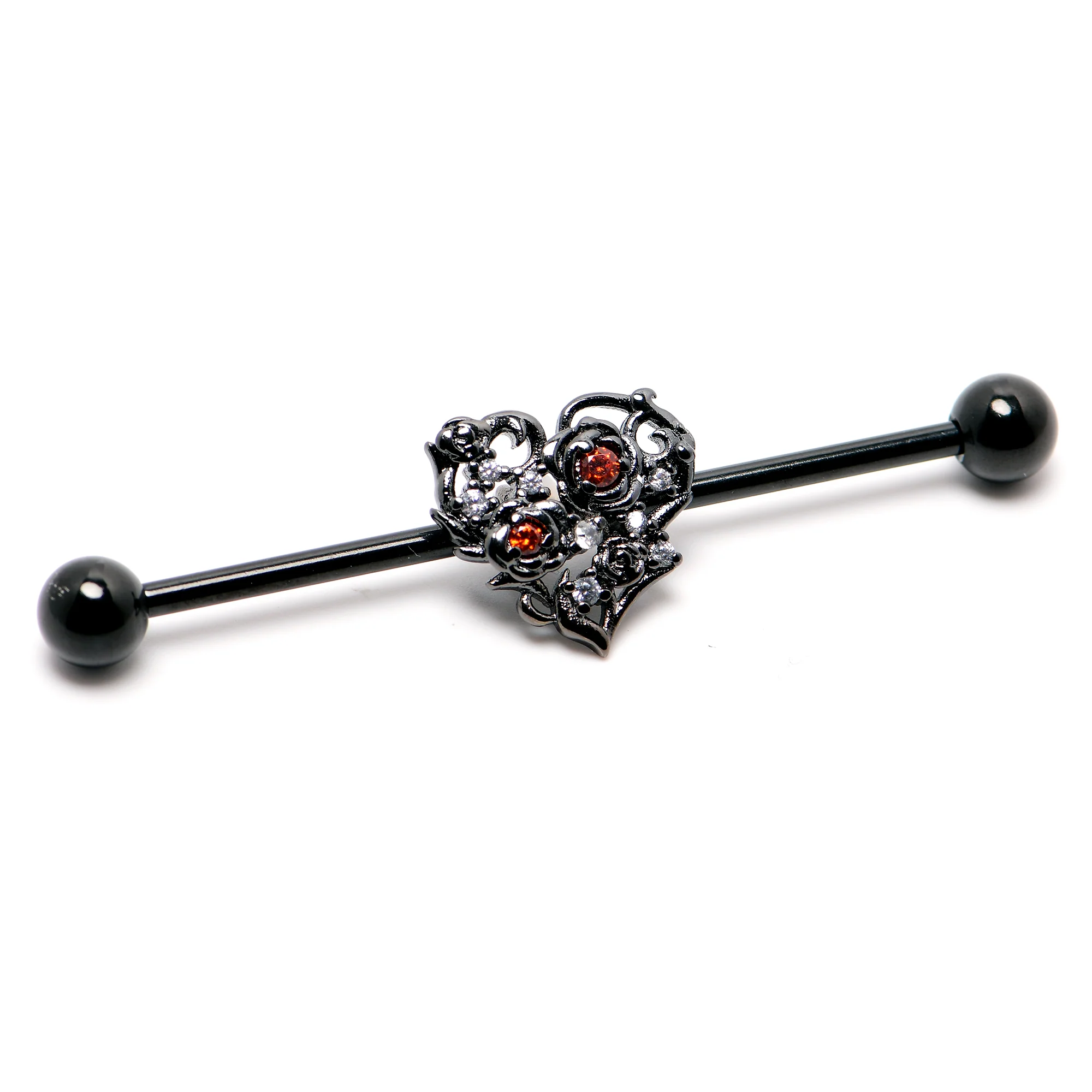 14G Clear Red CZ Gem Black Heart Floral Industrial Barbell 38mm - Image 4