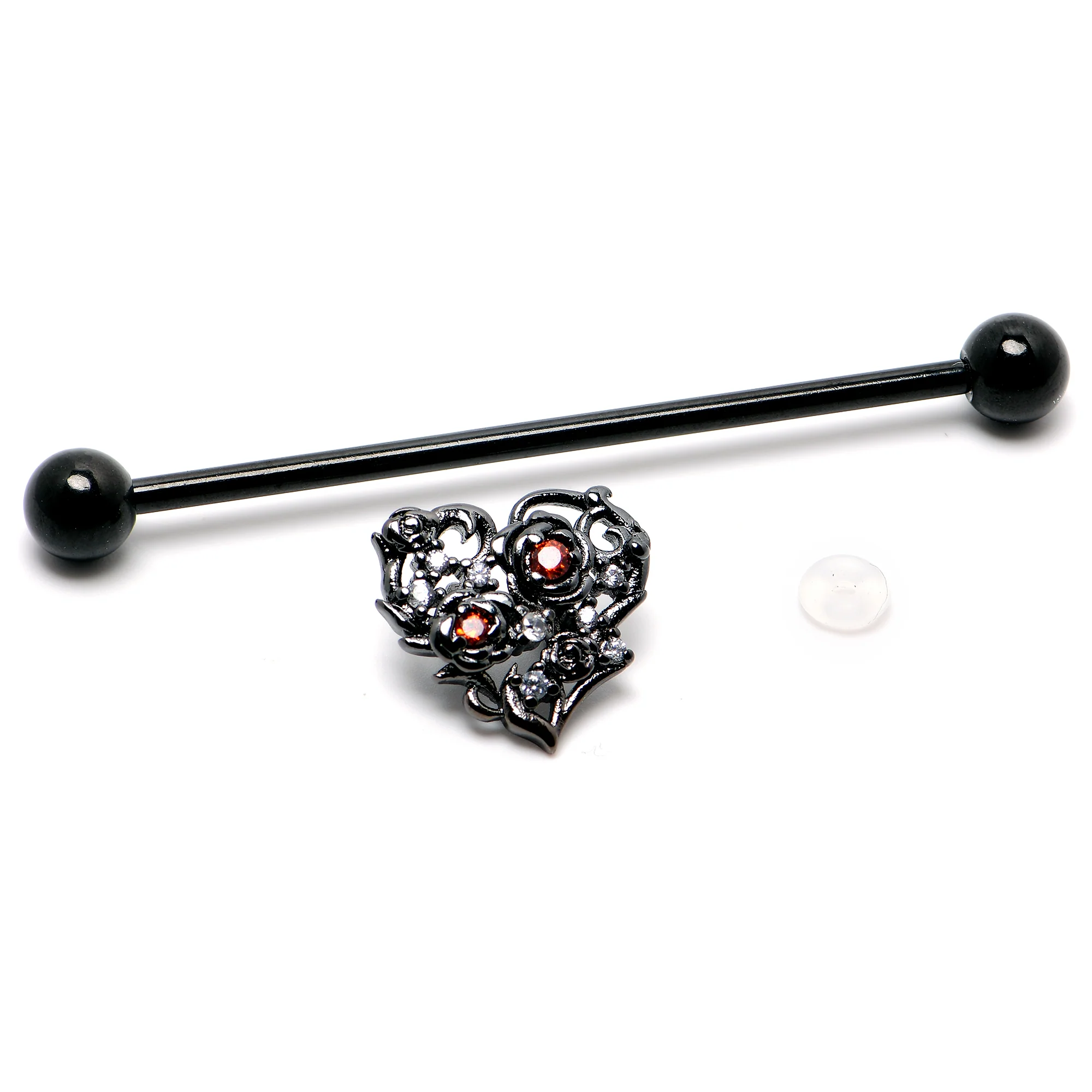 14G Clear Red CZ Gem Black Heart Floral Industrial Barbell 38mm - Image 6