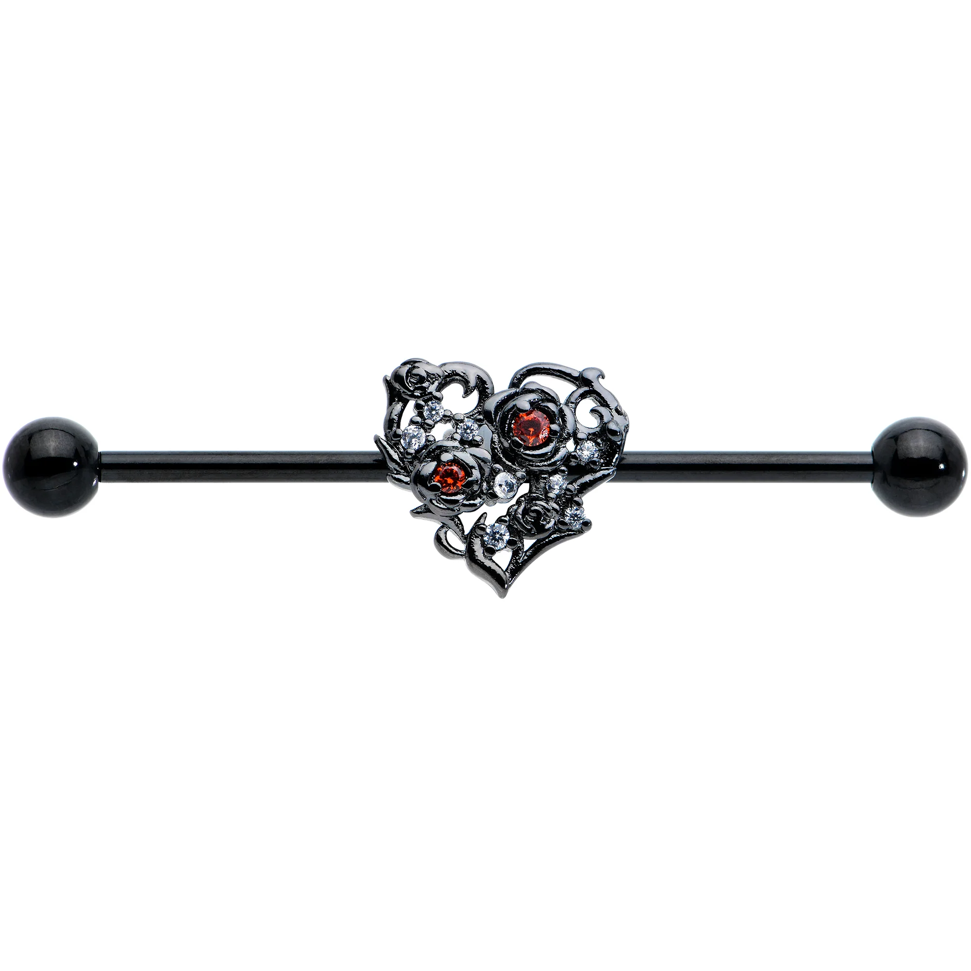 14G Clear Red CZ Gem Black Heart Floral Industrial Barbell 38mm - Image 8