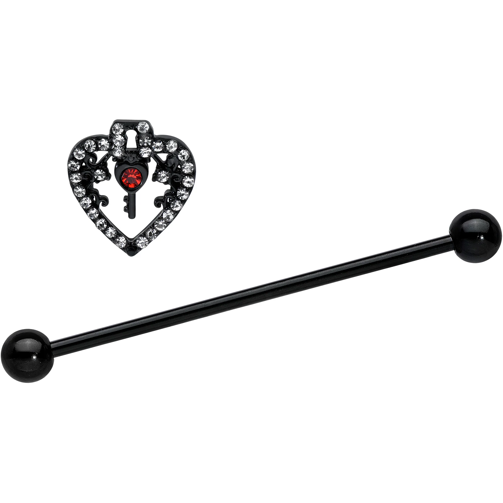 14G Clear Red Gem Black Key Heart Industrial Barbell 38mm - Image 2