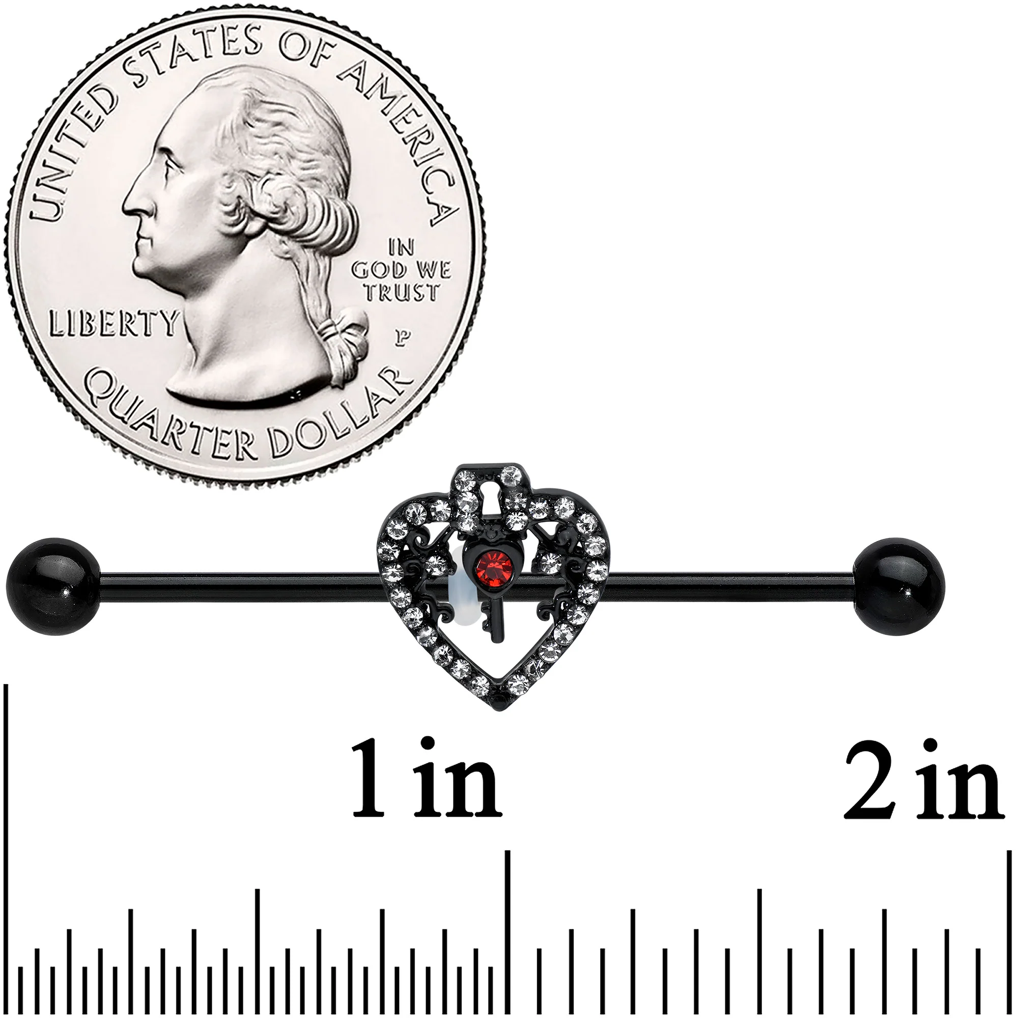 14G Clear Red Gem Black Key Heart Industrial Barbell 38mm - Image 3