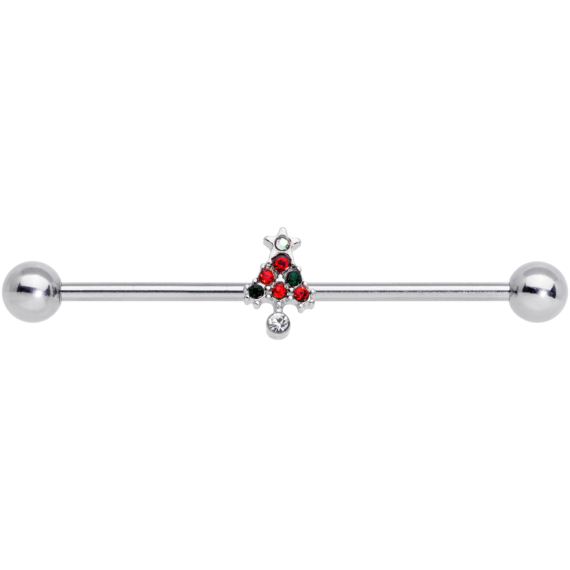 14G Clear Red Green Gem Christmas Tree Industrial Barbell 38mm - Image 2