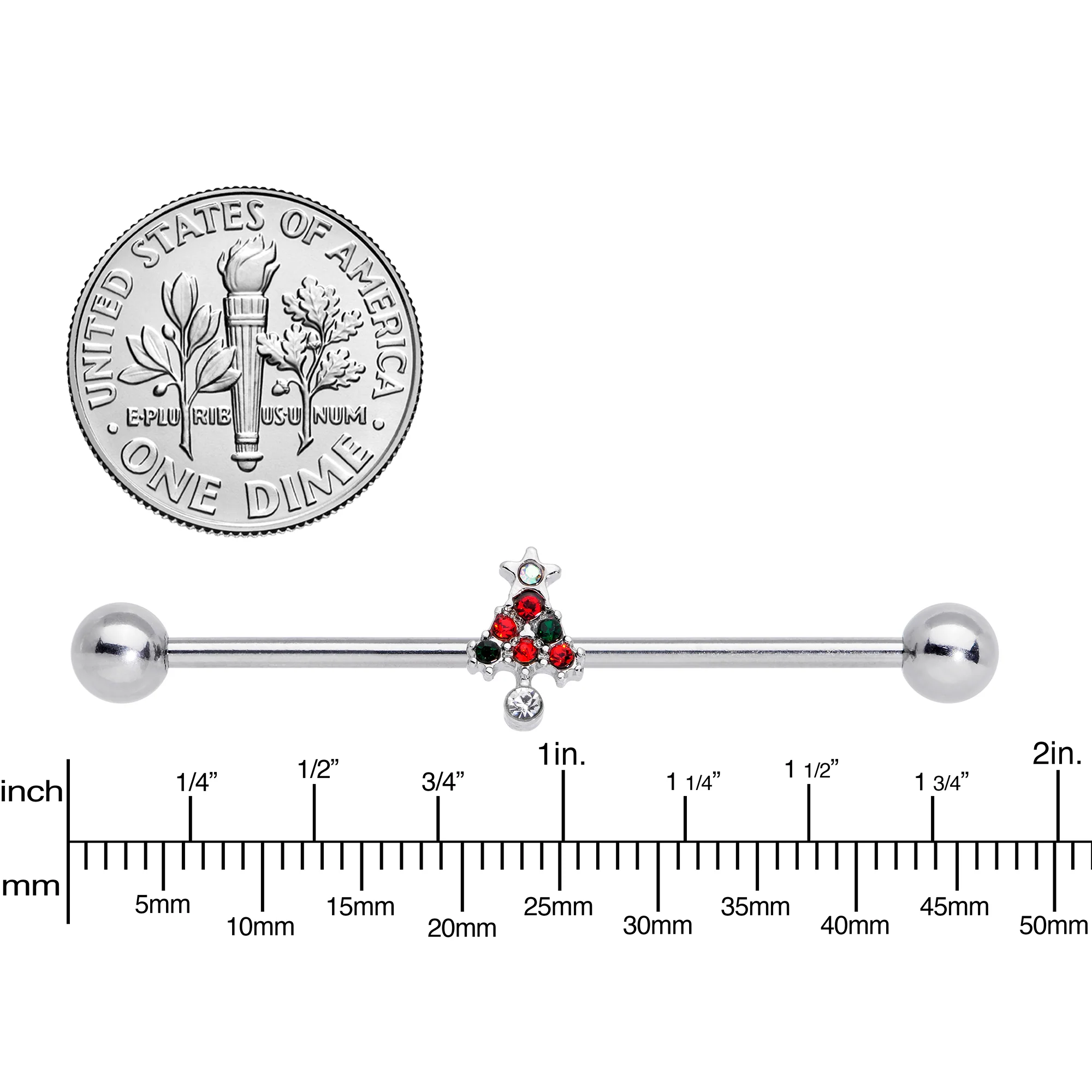 14G Clear Red Green Gem Christmas Tree Industrial Barbell 38mm - Image 3