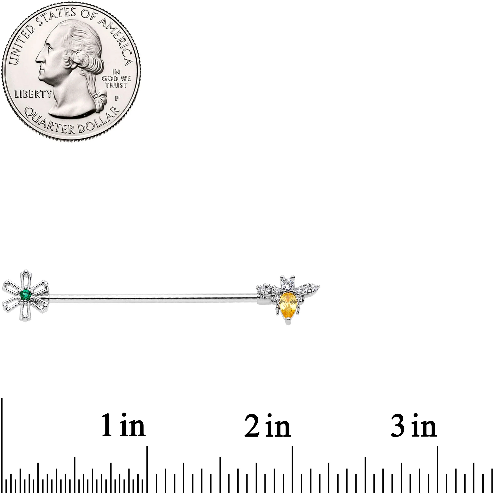 14G Clear Yellow CZ Gem Bumble Bee Flower Industrial Barbell 38mm - Image 2