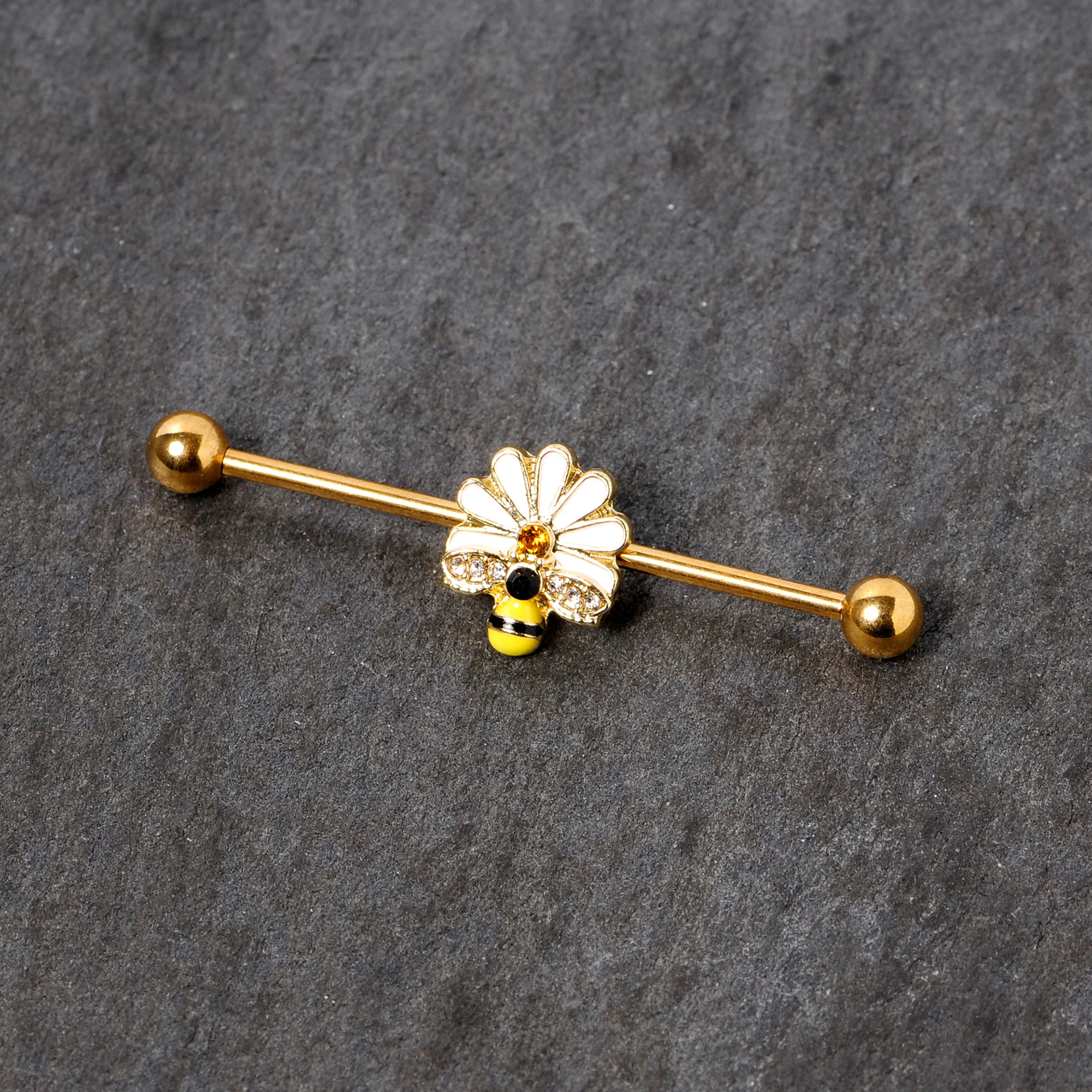 14G Gold Tone Flower Daisy Bee Industrial Barbell 38mm - Image 2