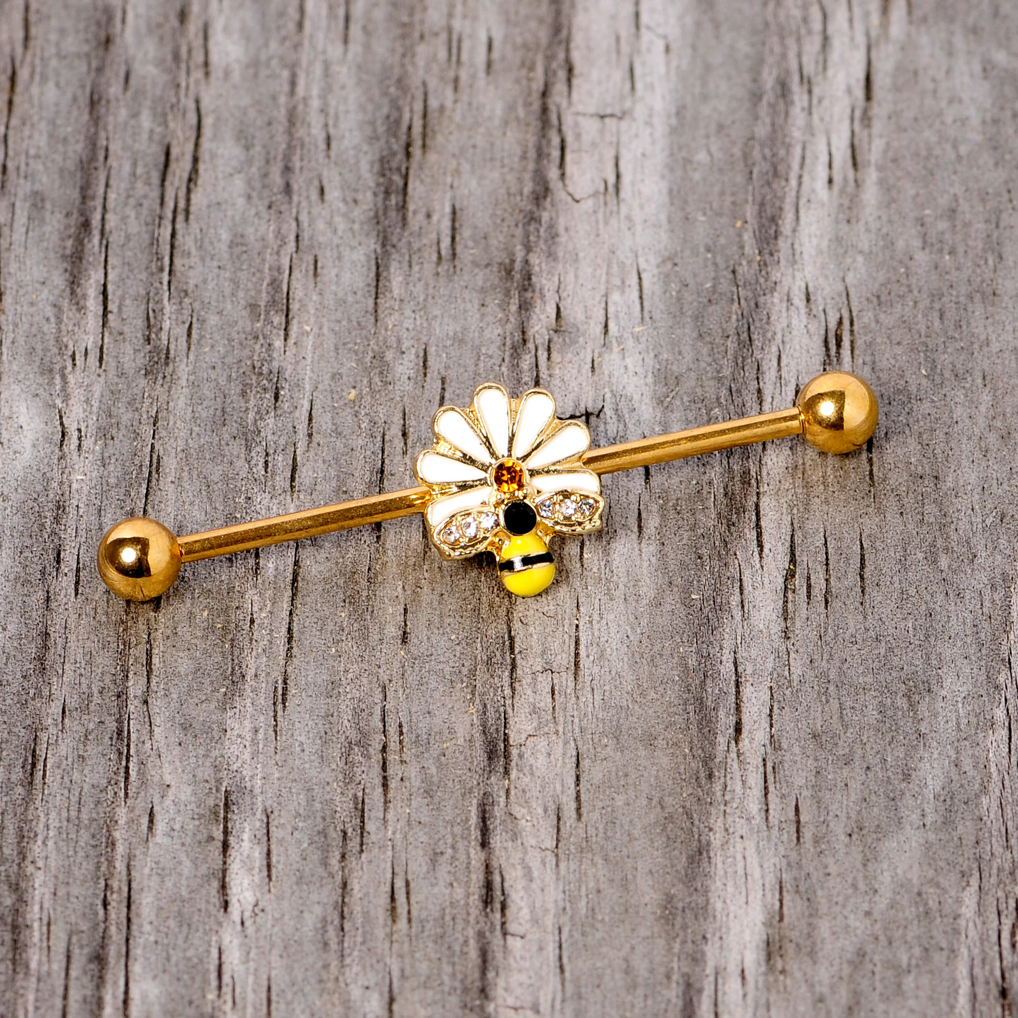 14G Gold Tone Flower Daisy Bee Industrial Barbell 38mm - Image 3