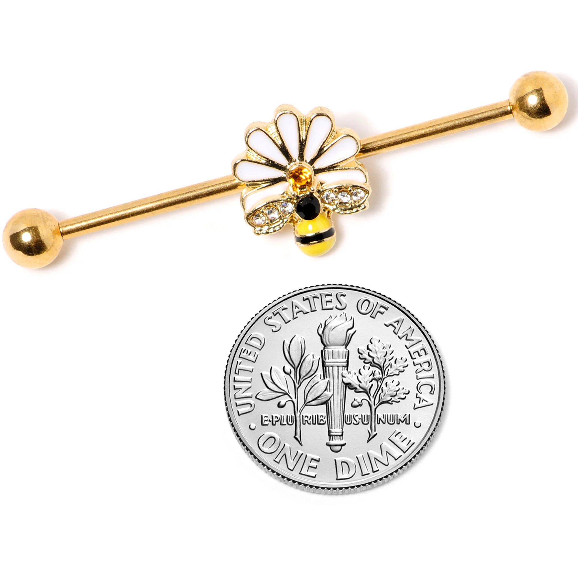 14G Gold Tone Flower Daisy Bee Industrial Barbell 38mm - Image 4