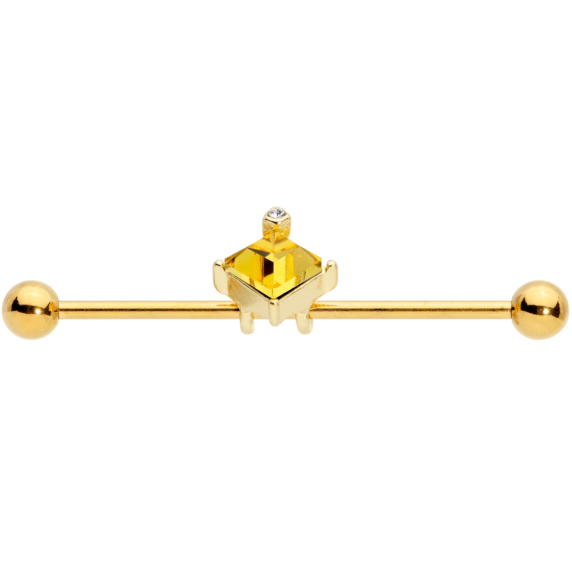 14G Clear Yellow Gem Gold Tone Rhombus Industrial Barbell 38mm - Image 2