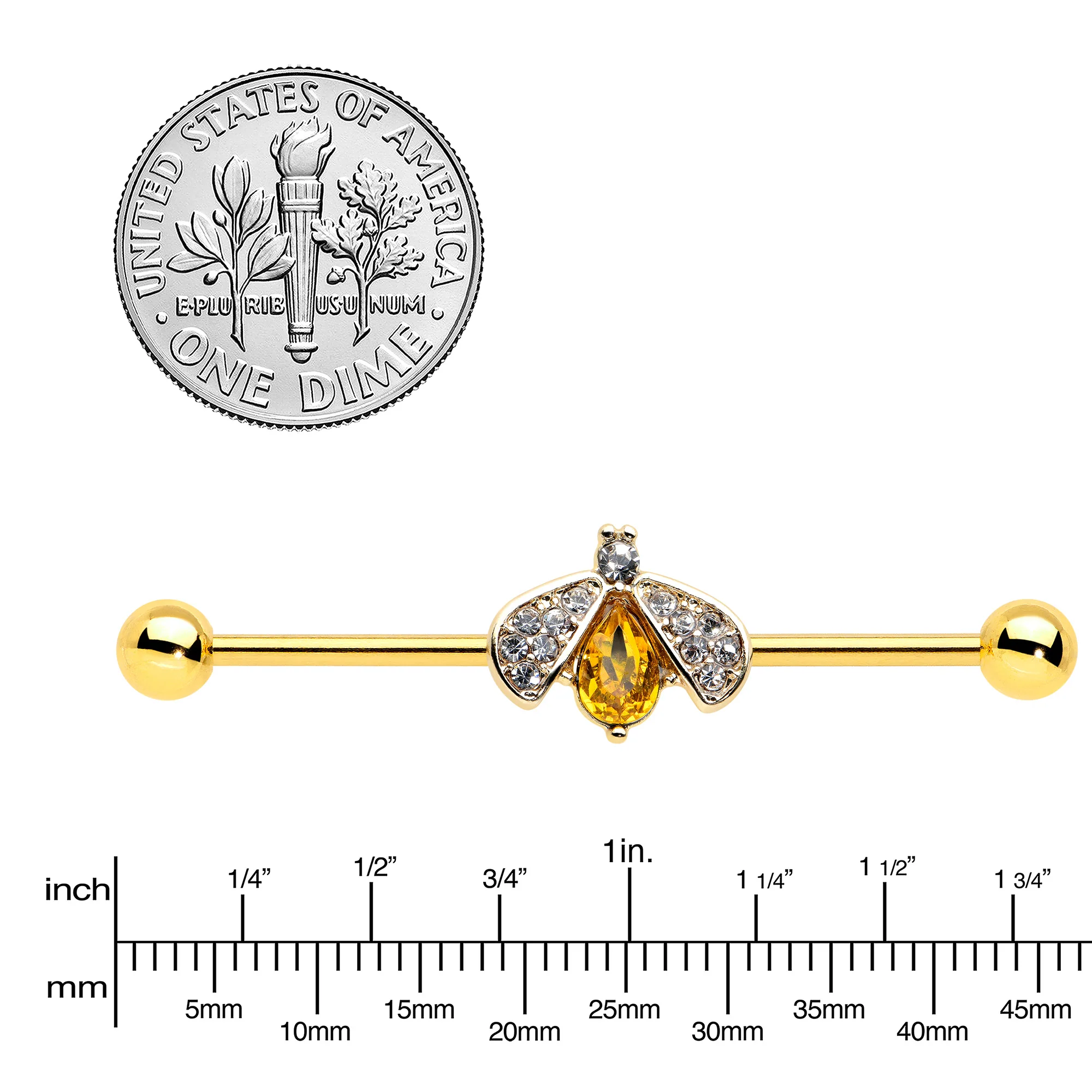 14G Clear Yellow Gem Gold Tone Style Bug Industrial Barbell 38mm - Image 3