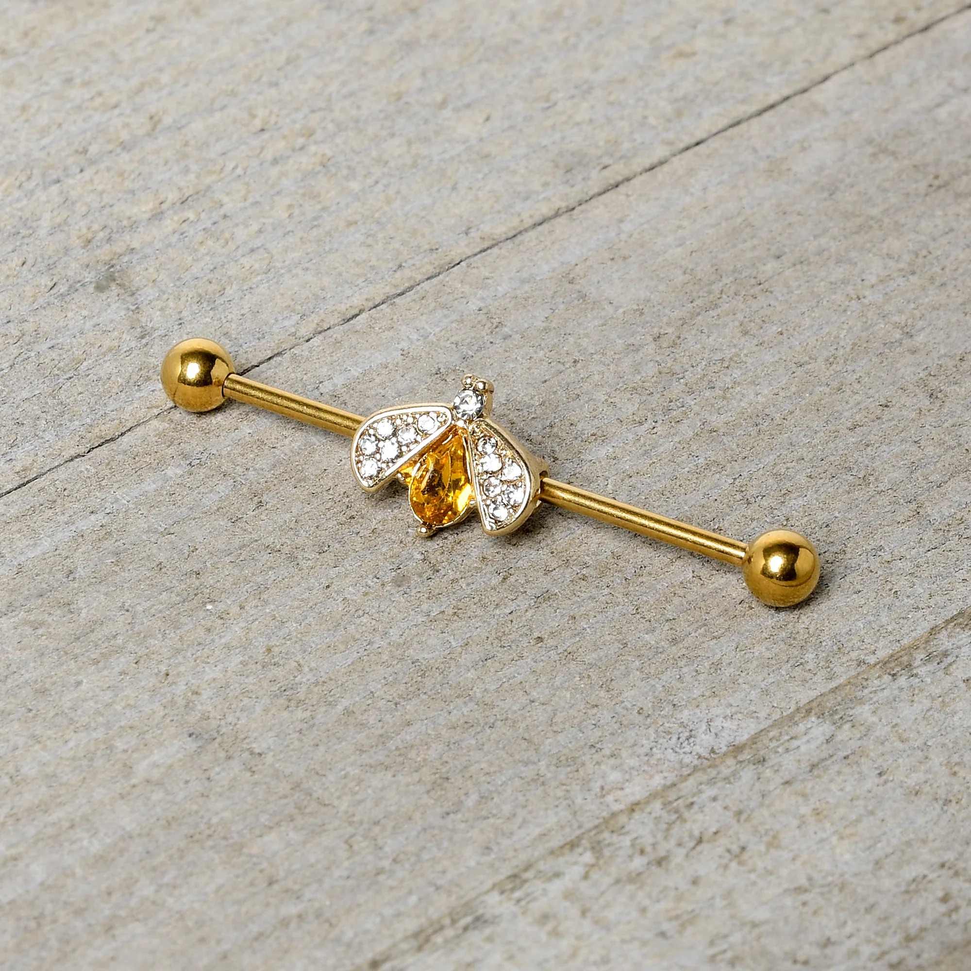 14G Clear Yellow Gem Gold Tone Style Bug Industrial Barbell 38mm - Image 4