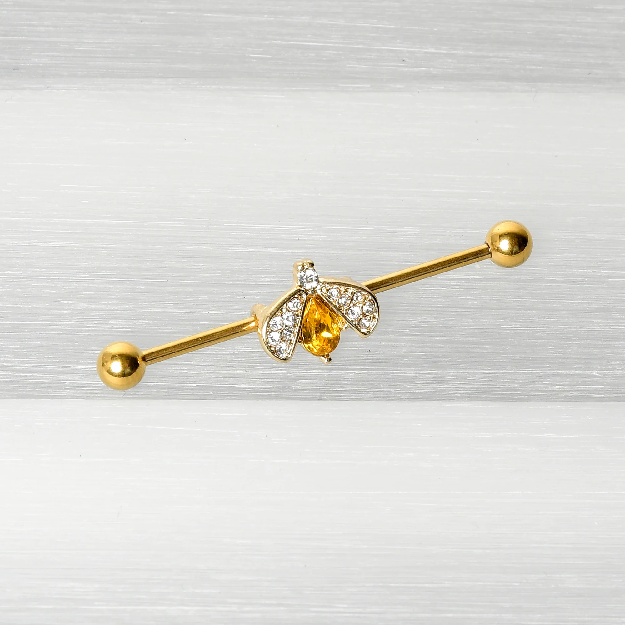 14G Clear Yellow Gem Gold Tone Style Bug Industrial Barbell 38mm - Image 5