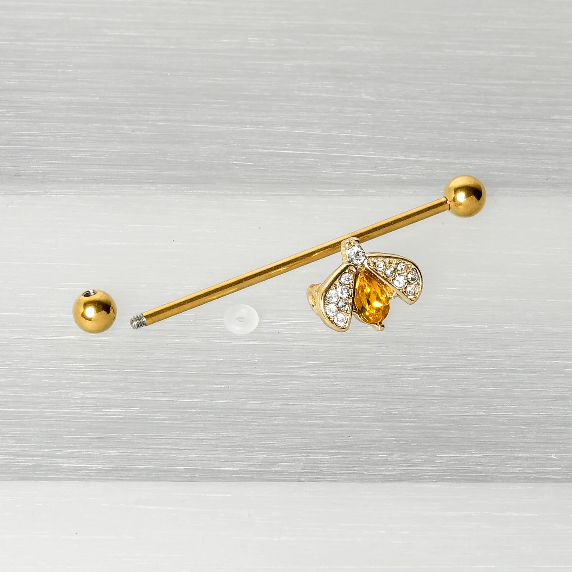 14G Clear Yellow Gem Gold Tone Style Bug Industrial Barbell 38mm - Image 6