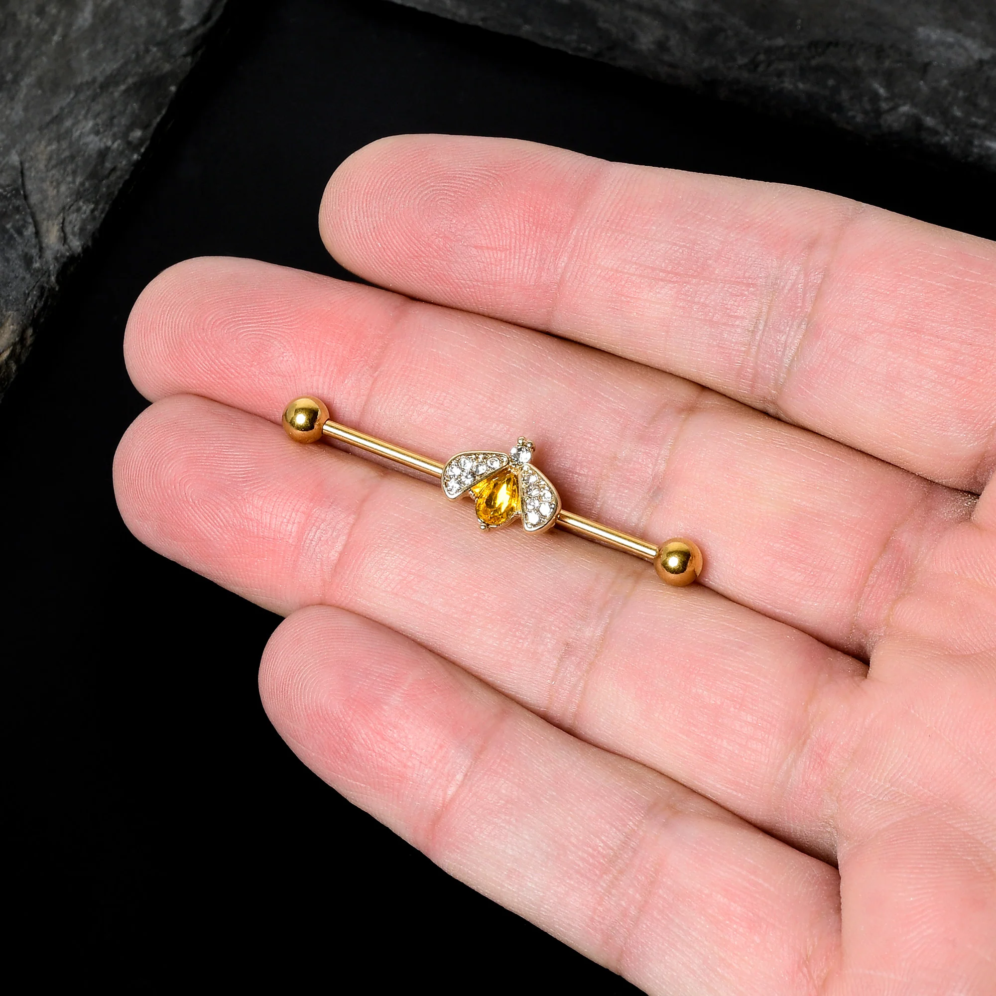14G Clear Yellow Gem Gold Tone Style Bug Industrial Barbell 38mm - Image 7