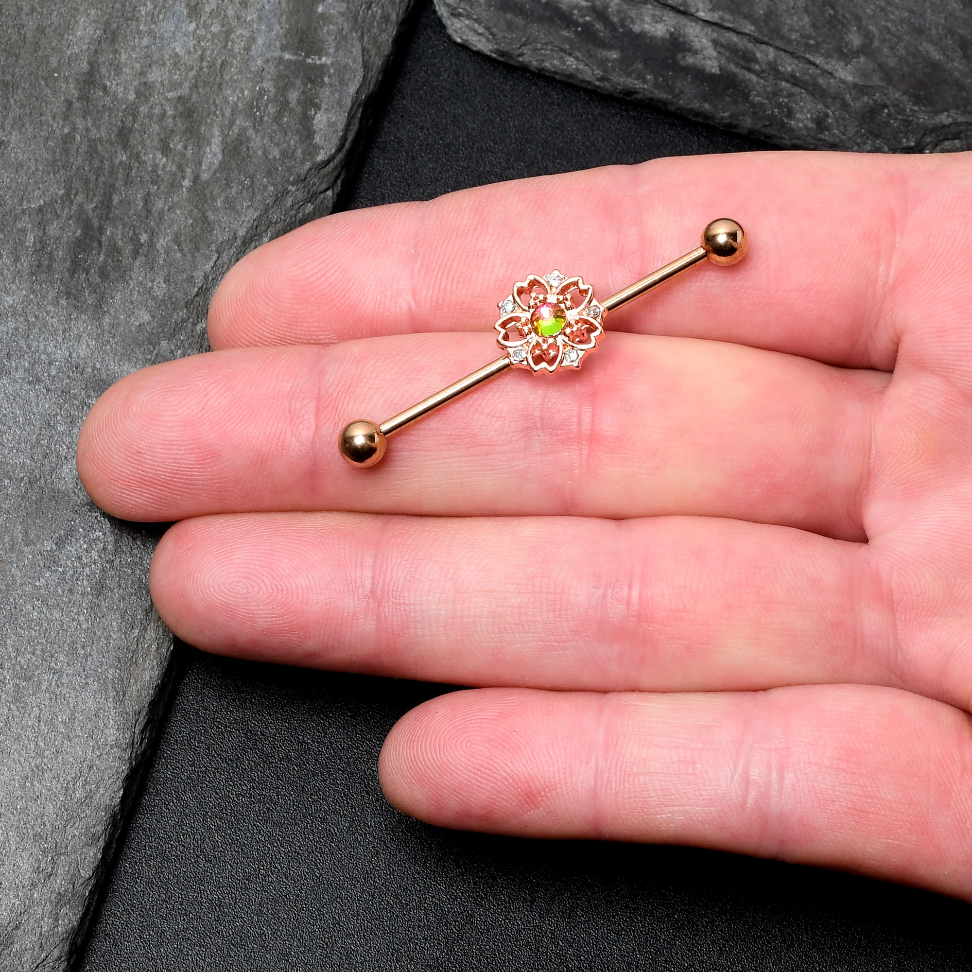 14G Dark Aurora Gem Rose Gold Tone Flower Industrial Barbell 38mm - Image 3