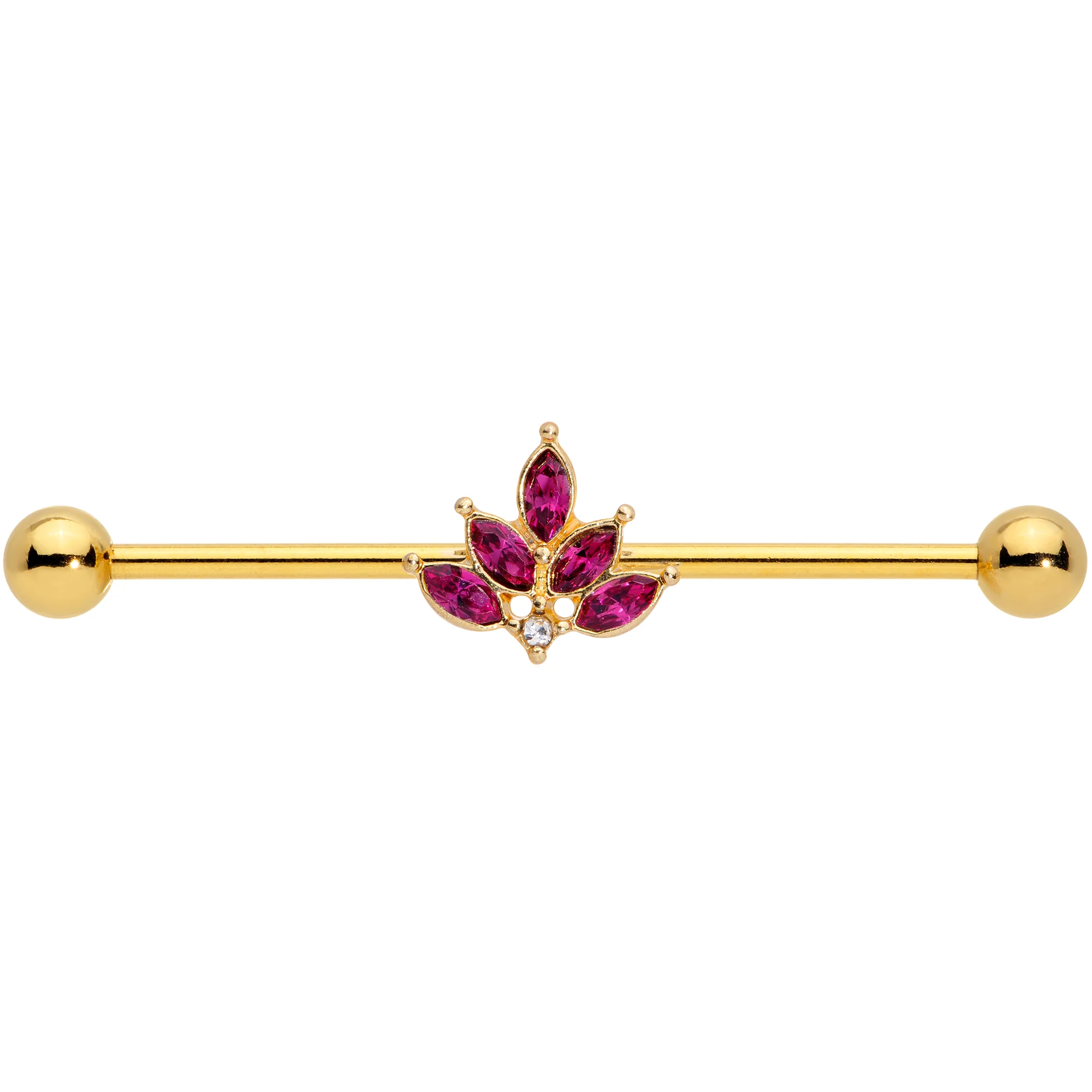 14G Dark Red Gem Gold Tone Autumn Leaves Industrial Barbell 38mm - Image 2
