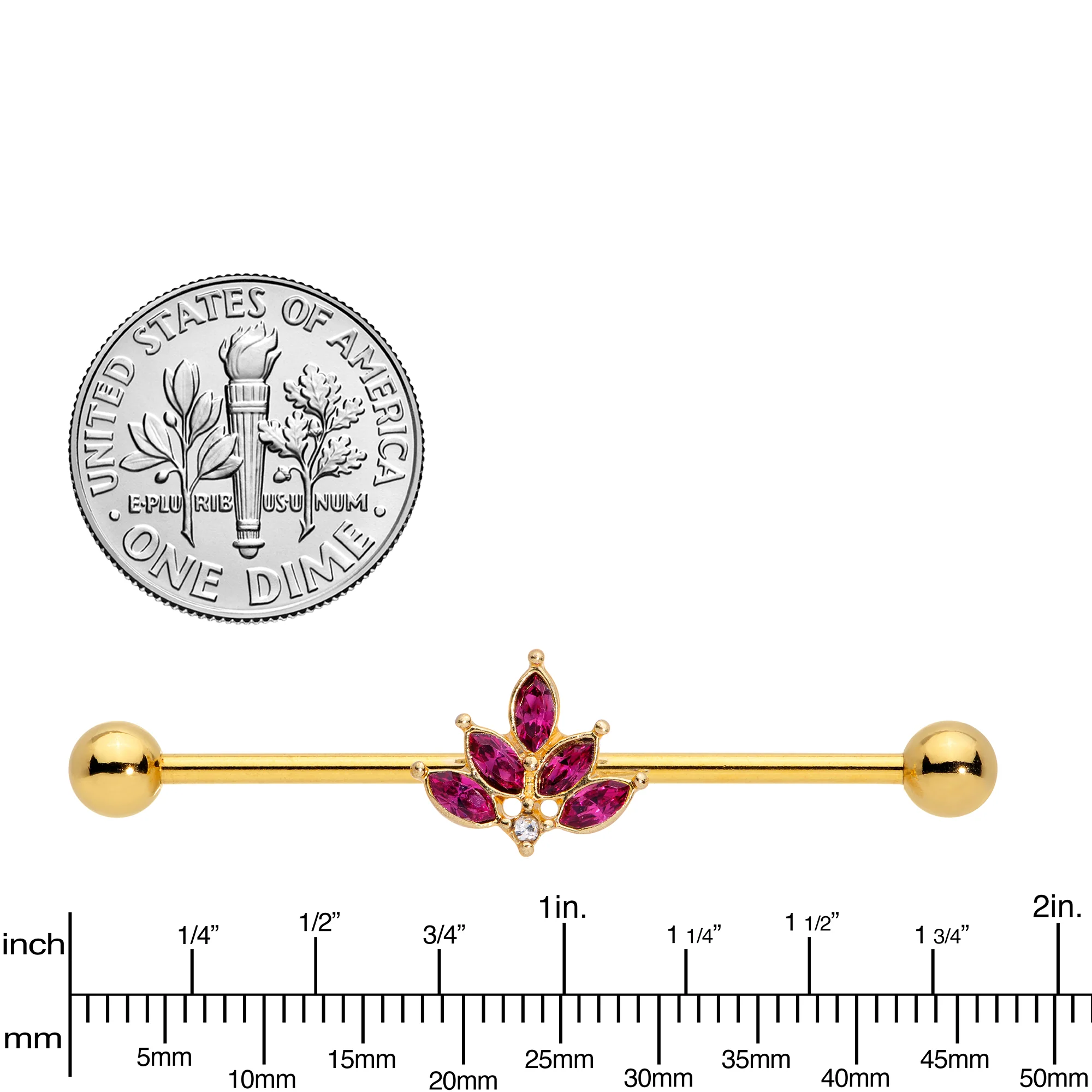 14G Dark Red Gem Gold Tone Autumn Leaves Industrial Barbell 38mm - Image 3