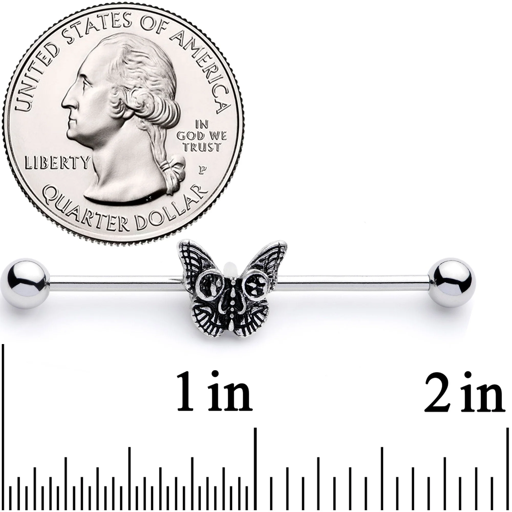 14G Death Mask Butterfly Industrial Barbell 38mm - Image 2