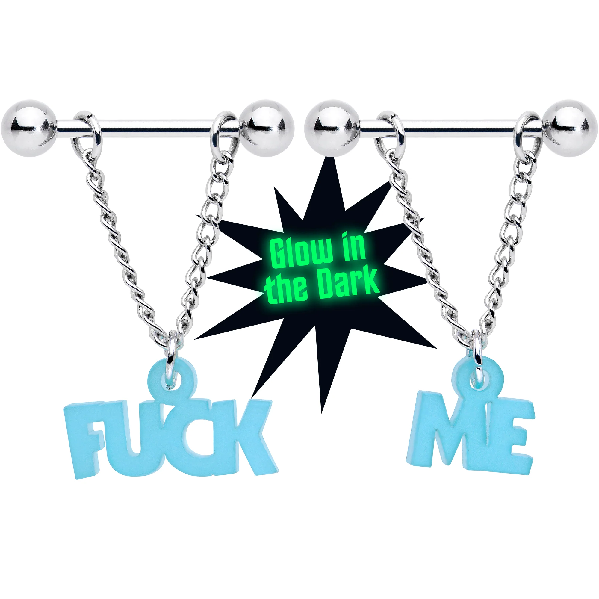 14G F*ck Me Glow in the Dark Chain Dangle Nipple Ring Set - Image 2