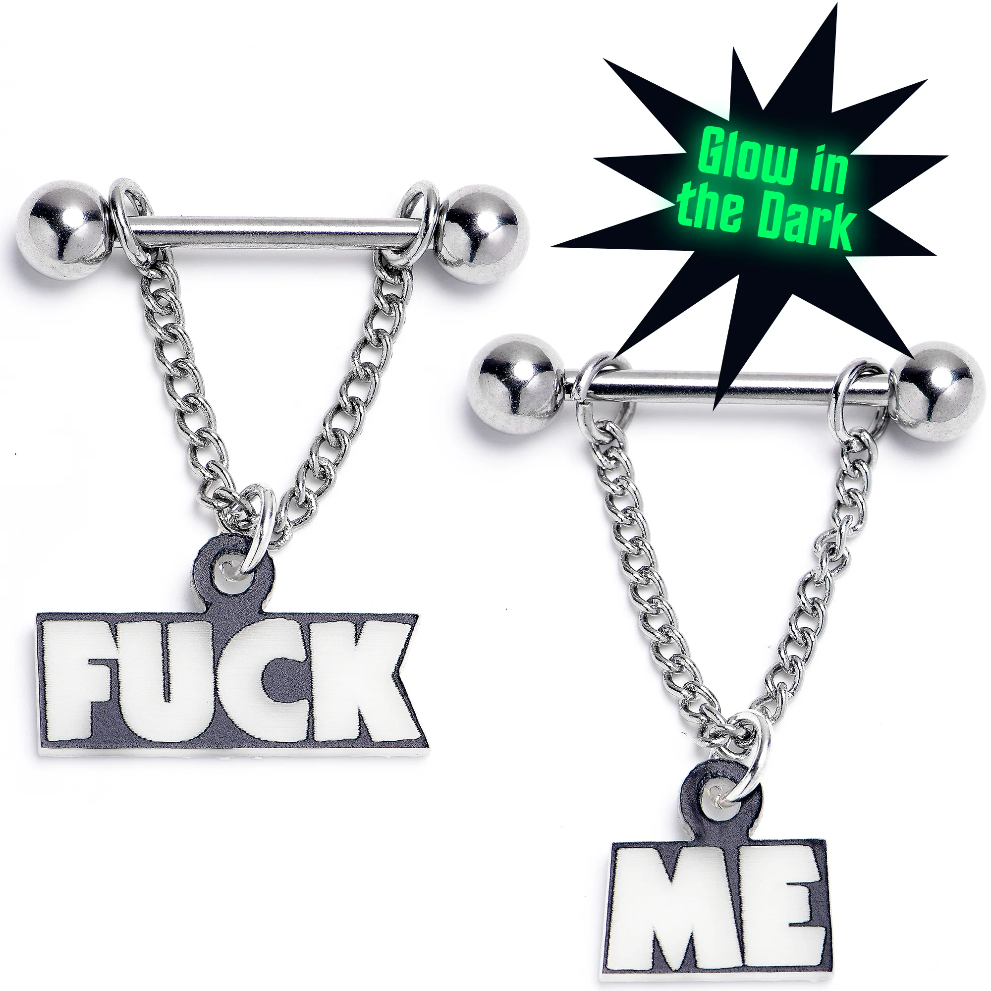 14G F*ck Me Glow in the Dark Chain Dangle Nipple Ring Set - Image 3