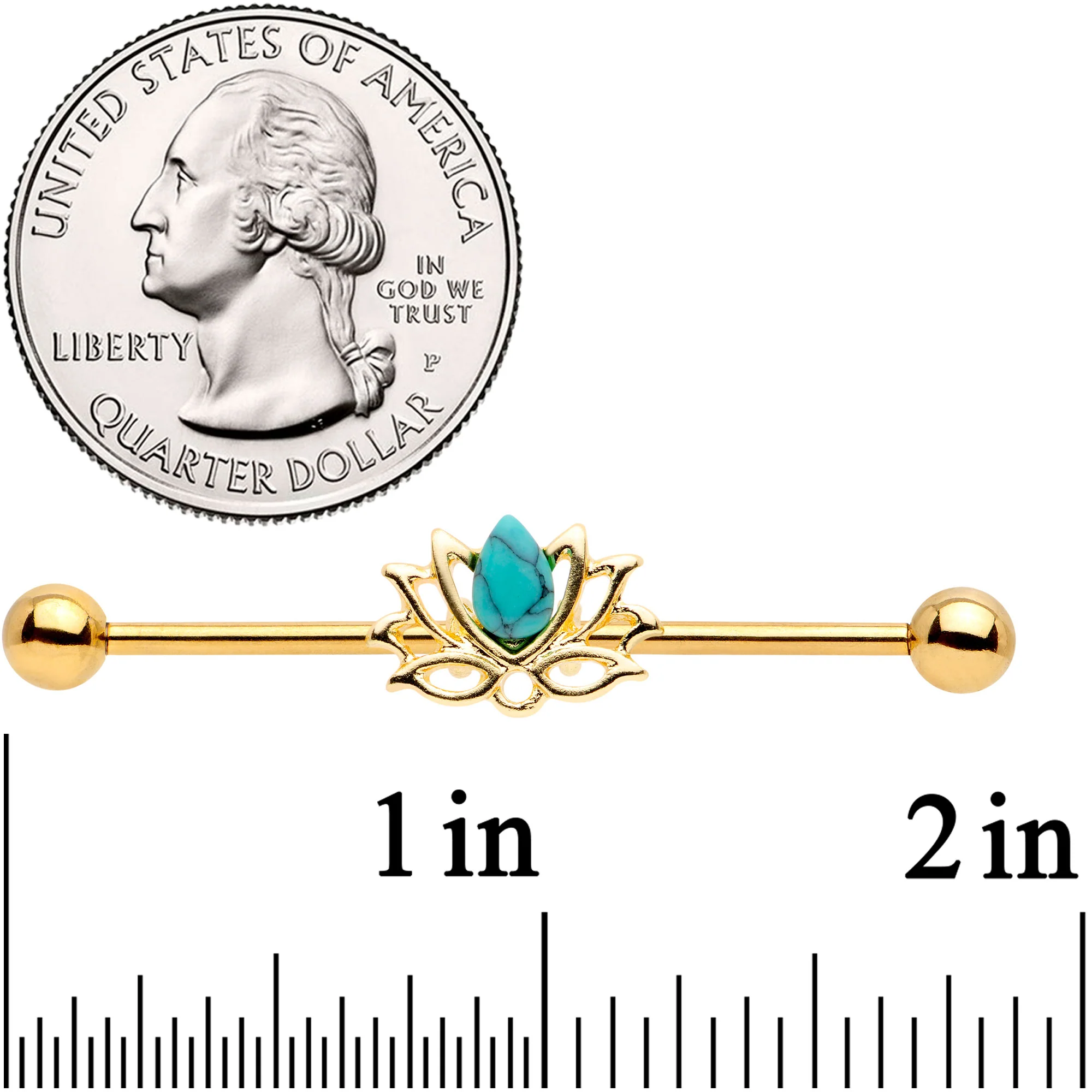 14G Faux Turquoise Gold Tone Lotus Flower Industrial Barbell 38mm - Image 2
